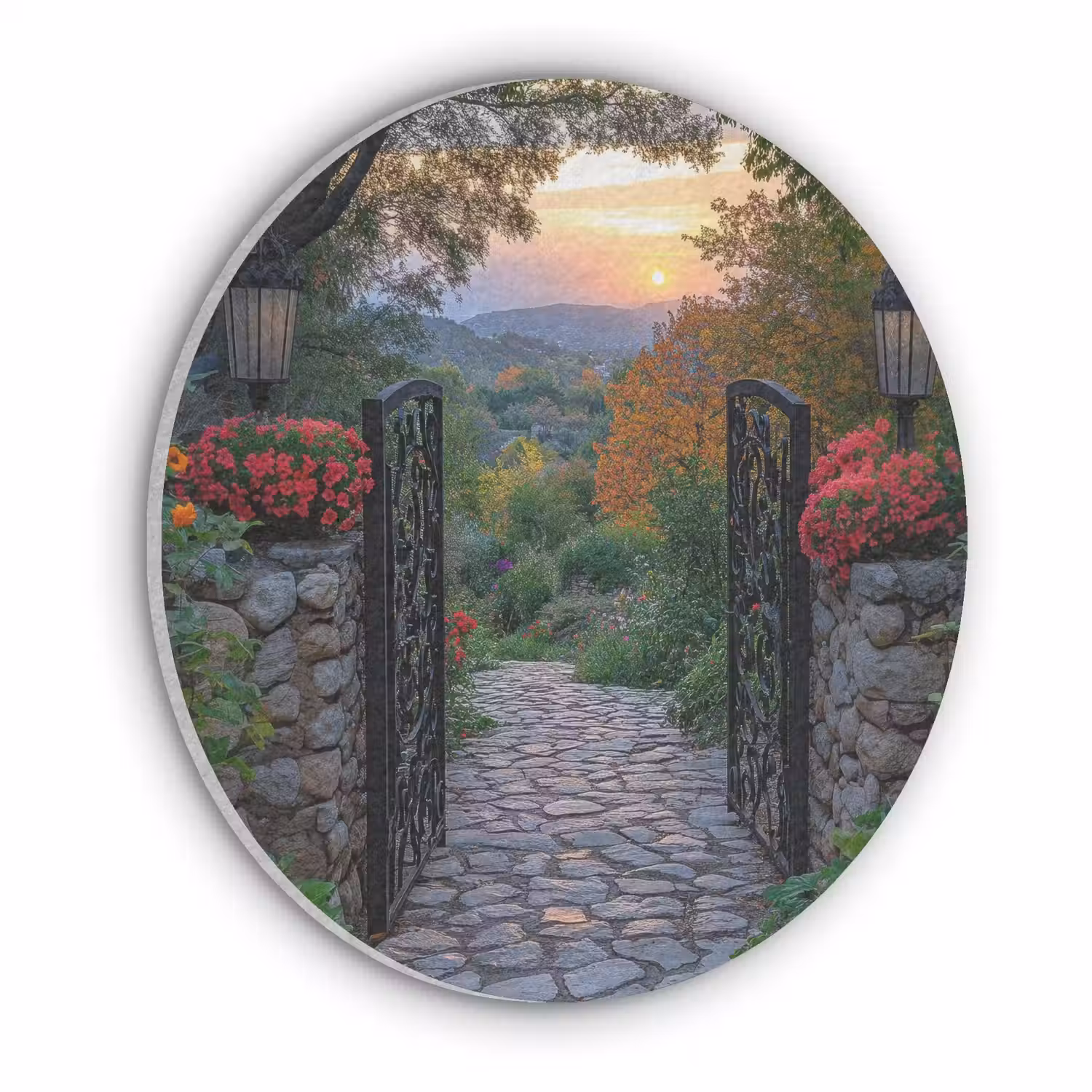 Landschap - Hek - Pad - Zonsondergang - Natuur Akoestische PET Vilt - Rond klein -3d