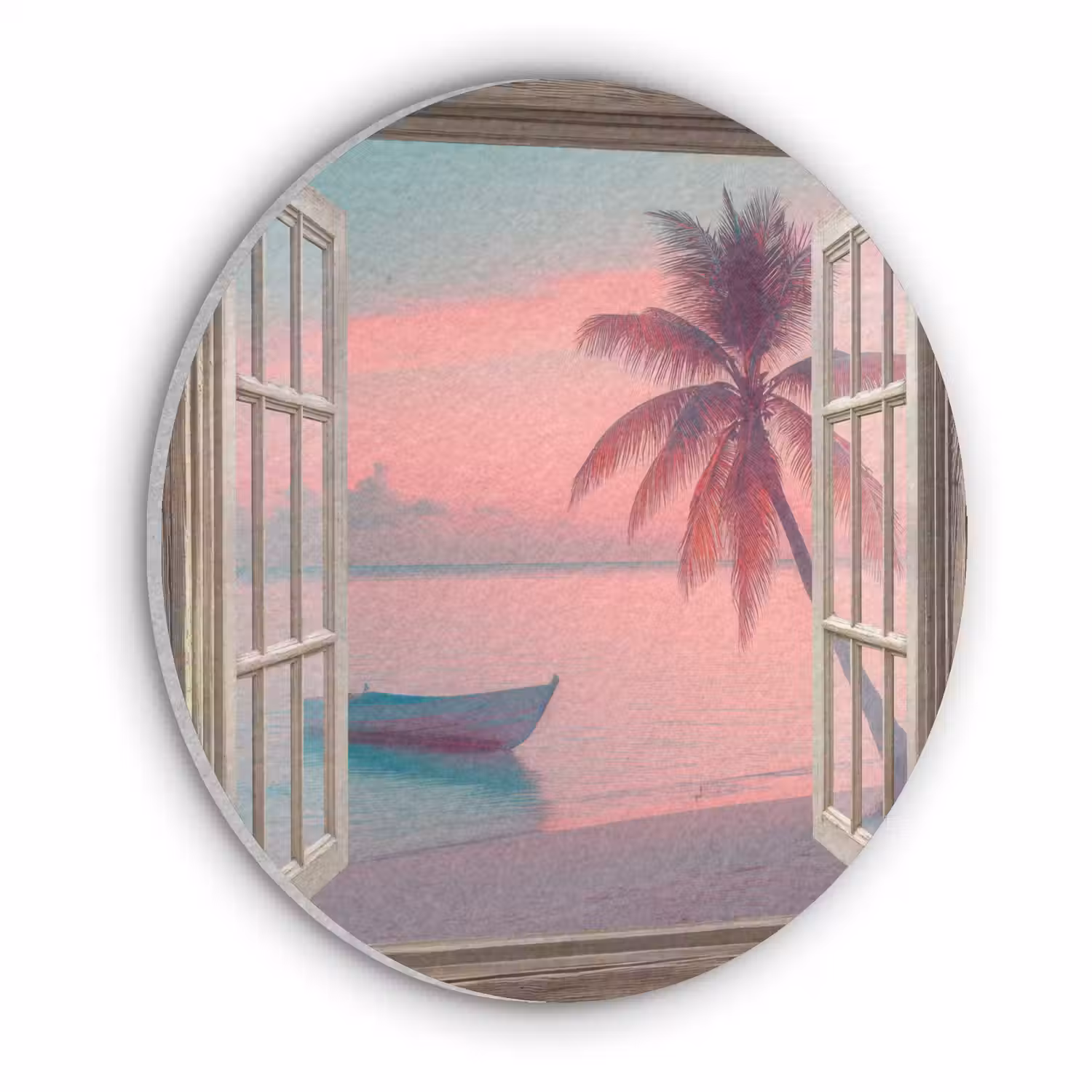 Doorkijk - Strand - Palmboom - Tropisch Akoestische PET Vilt - Rond klein -3d