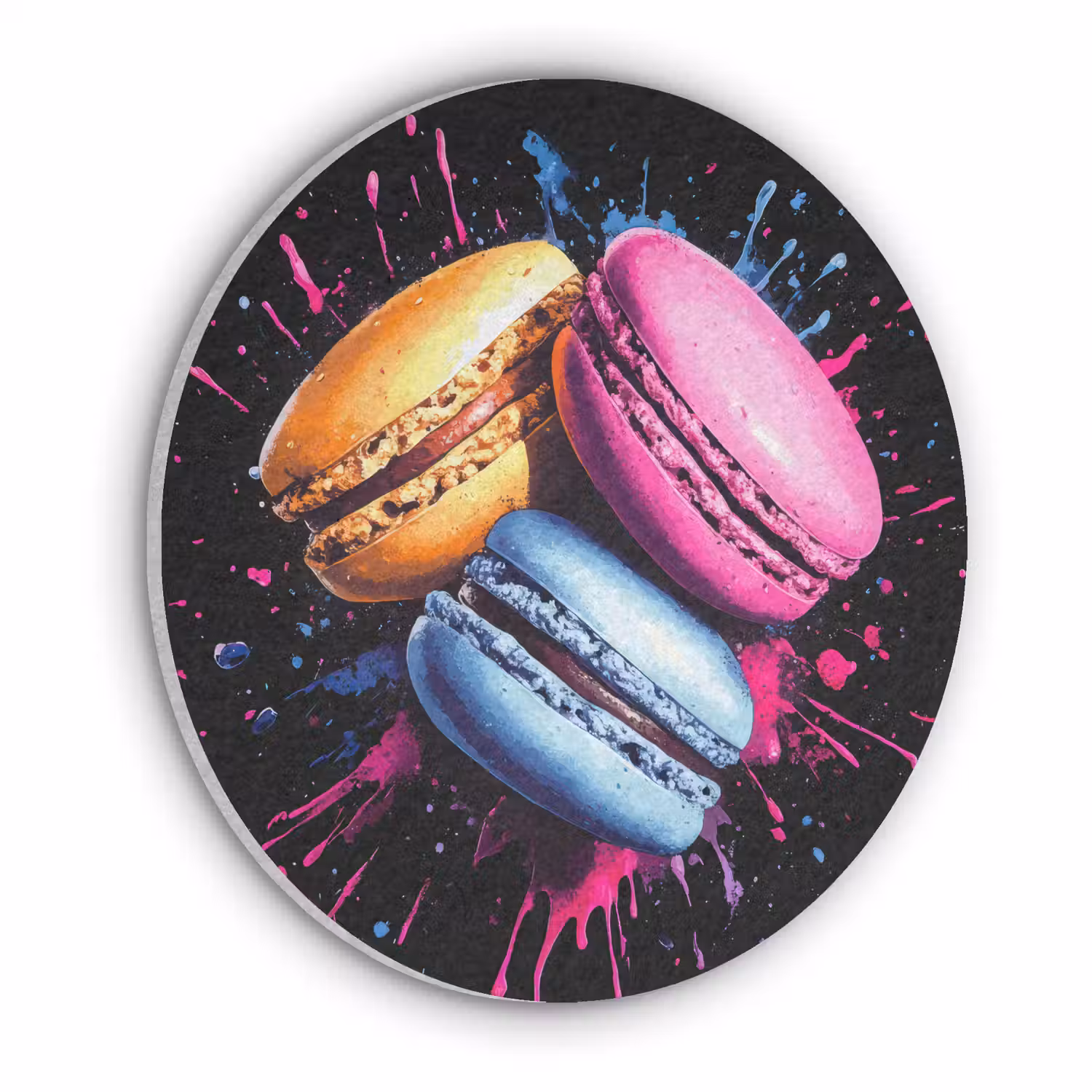 Macarons - Dessert - Graffiti - Kleurrijk - Roze - Blauw - Geel Akoestische PET Vilt - Rond klein -3d