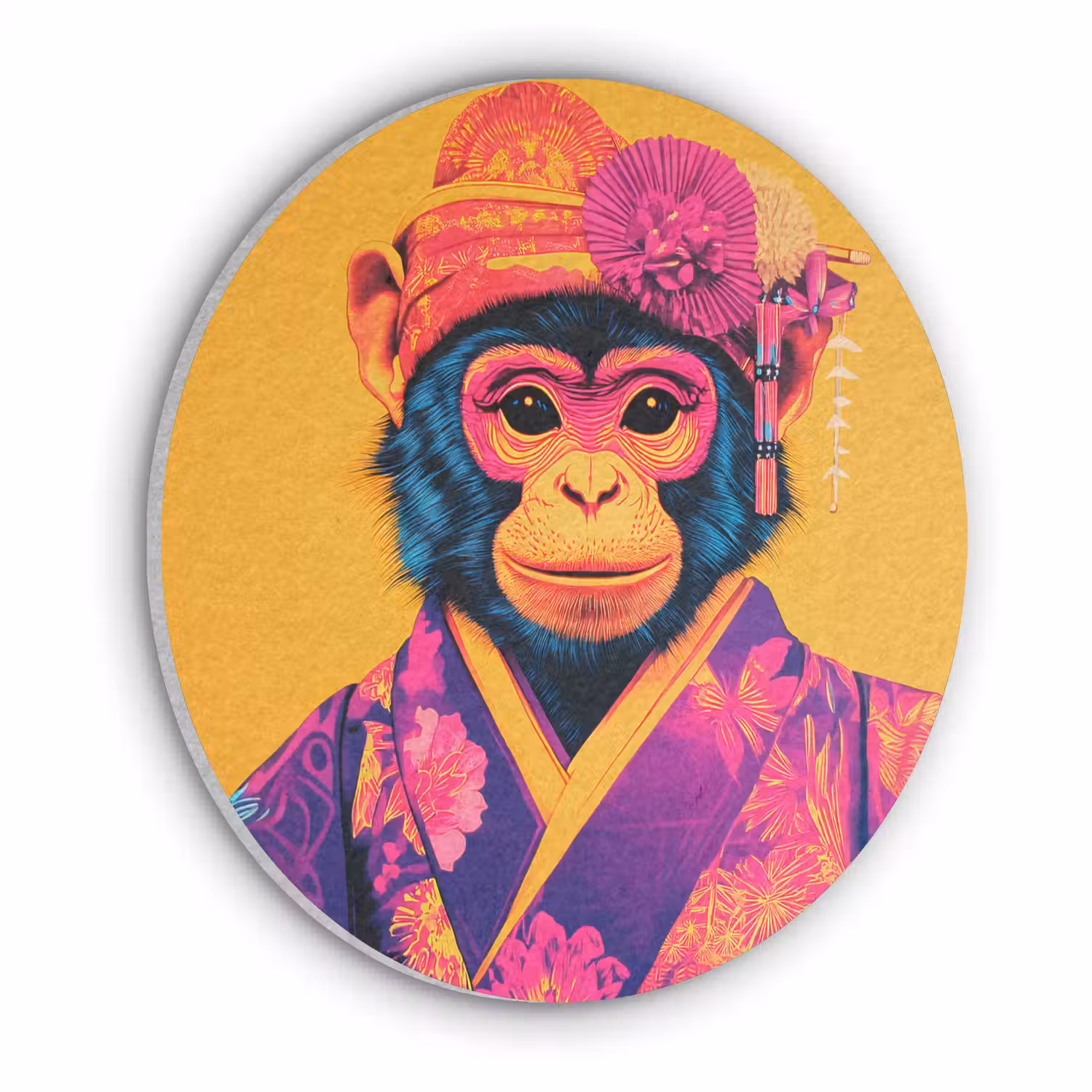 Aap - Kimono - Bloemen - Hoofdtooi Akoestische PET Vilt - Rond klein -3d