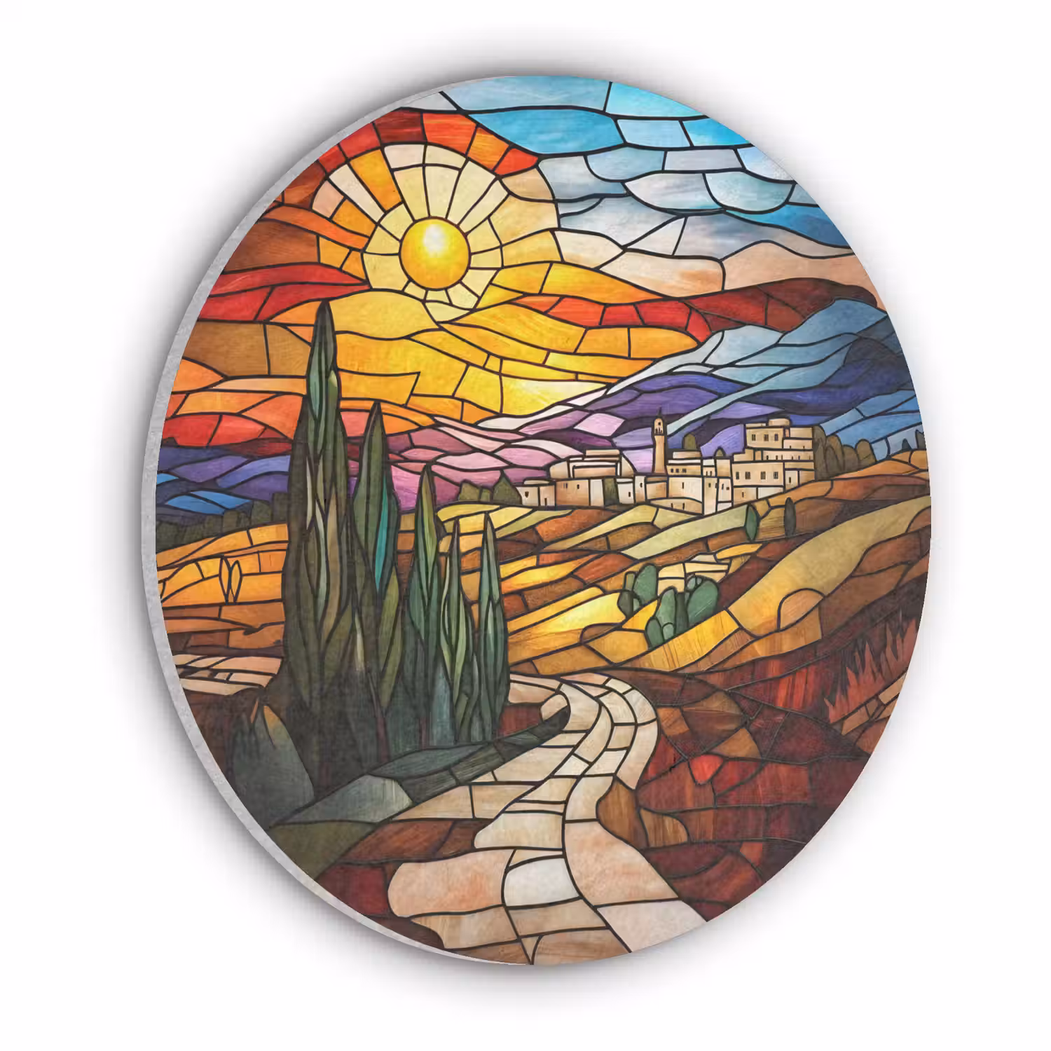 Mozaïek - Zon - Landschap - Dorp Akoestische PET Vilt - Rond klein -3d
