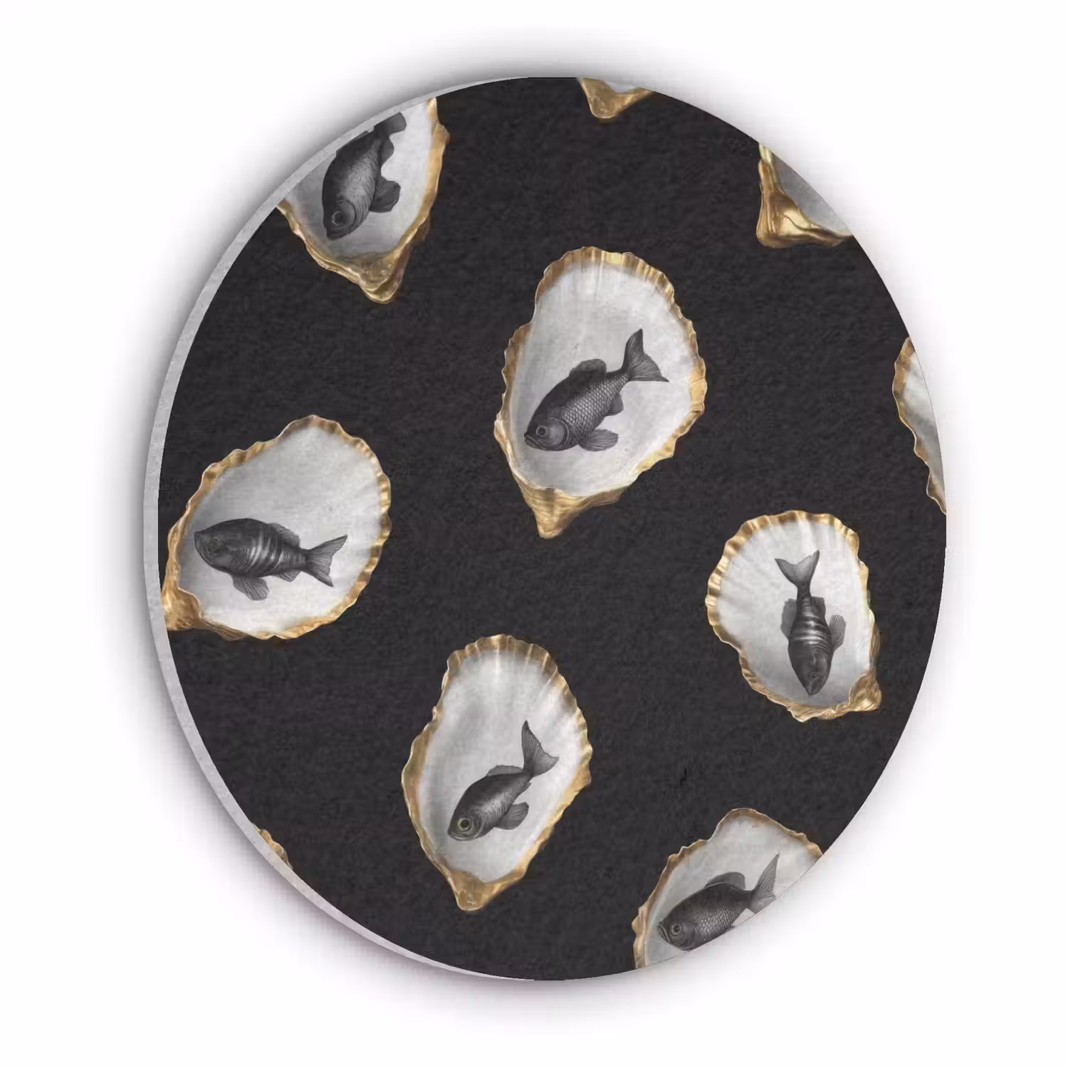 Oesters - Zwart - Vissen - Goud Akoestische PET Vilt - Rond klein -3d