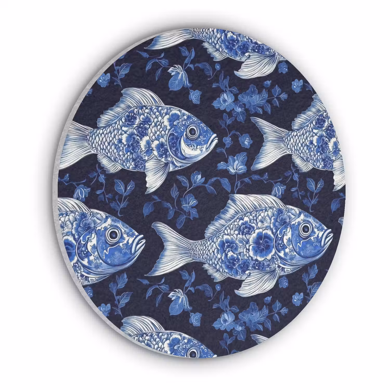Vissen - Bloemen - Blauw Akoestische PET Vilt - Rond klein 838 -3d