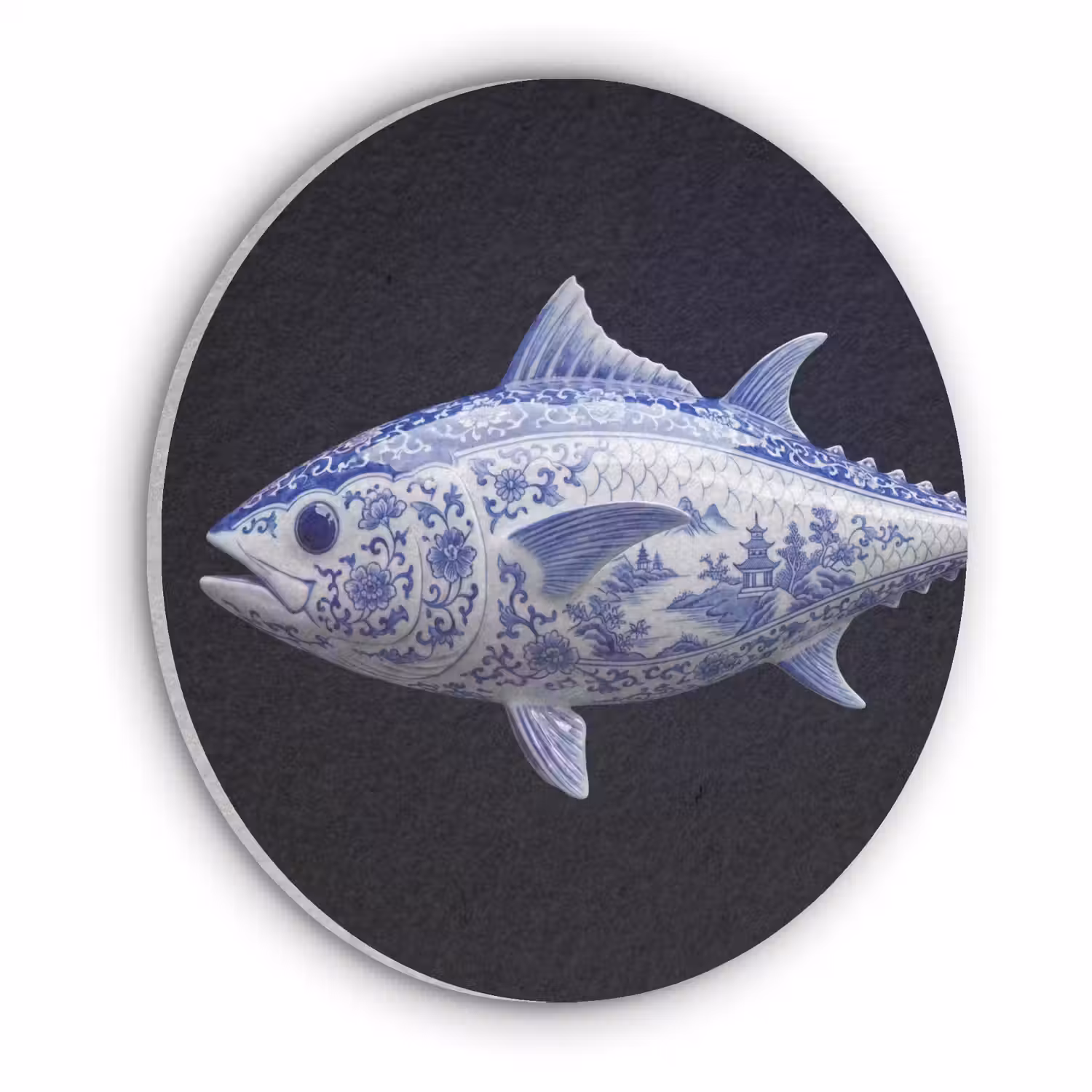 Porselein - Tonijn - Delfts - Blauw Akoestische PET Vilt - Rond klein -3d