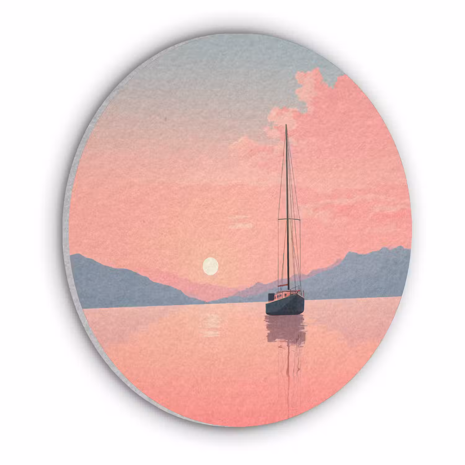 Zeilboot - Roze zee - Zonsondergang - Bergen Akoestische PET Vilt - Rond klein -3d