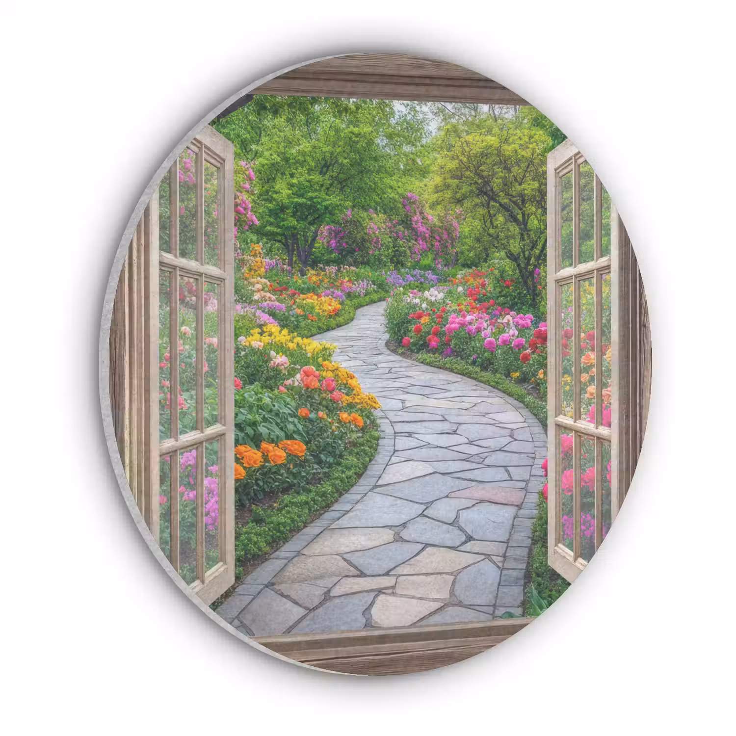 Doorkijk - Bloemen - Tuinpad - Natuur - Raam Akoestische PET Vilt - Rond klein -3d