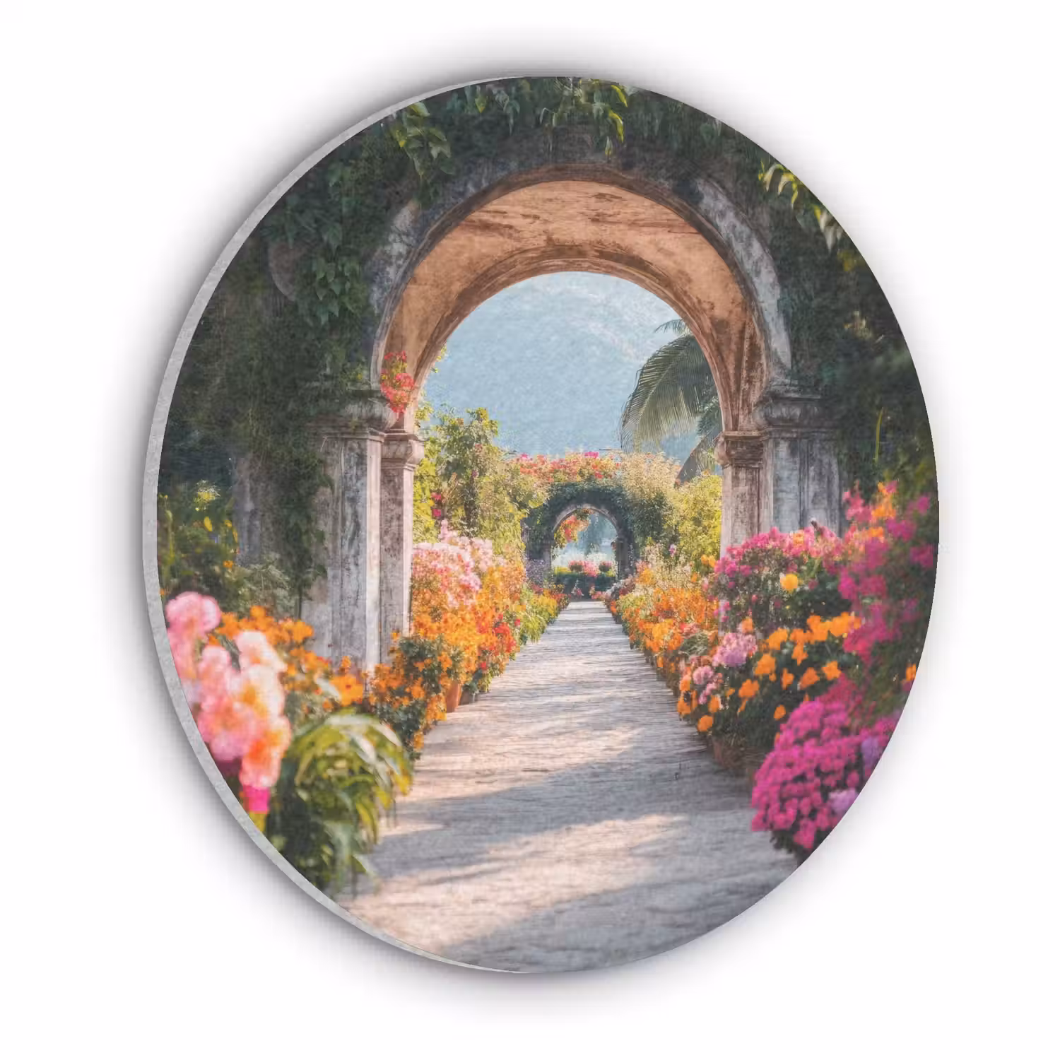 Doorkijk - Bloemen - Tropisch - Kleurrijk Akoestische PET Vilt - Rond klein -3d