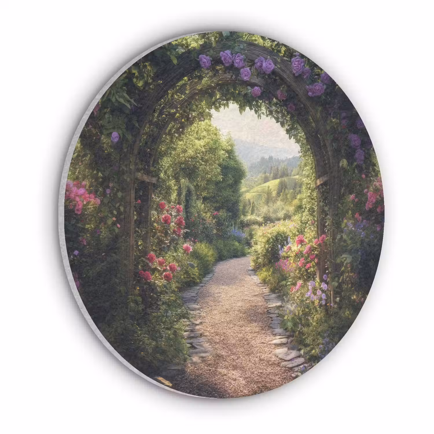 Doorkijk - Landschap - Bloemen - Tuinboog - Natuur Akoestische PET Vilt - Rond klein -3d
