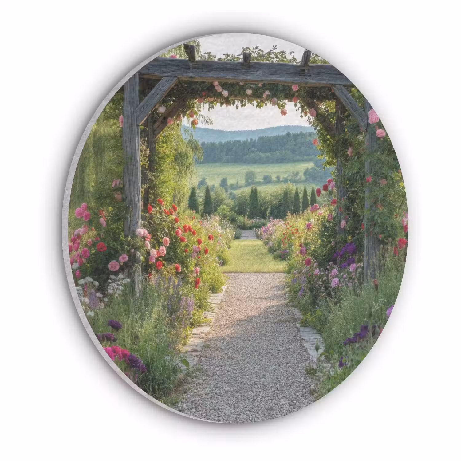 Doorkijk - Landschap - Natuur - Tuinboog - Bloemen Akoestische PET Vilt - Rond klein -3d