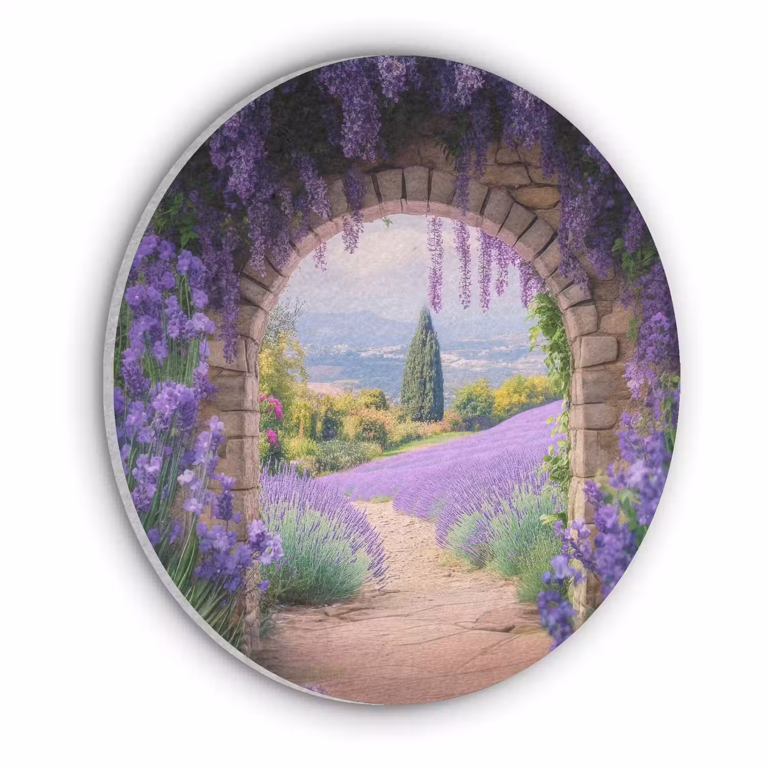 Doorkijk - Lavendel - Bloemen - Paars - Poort Akoestische PET Vilt - Rond klein -3d