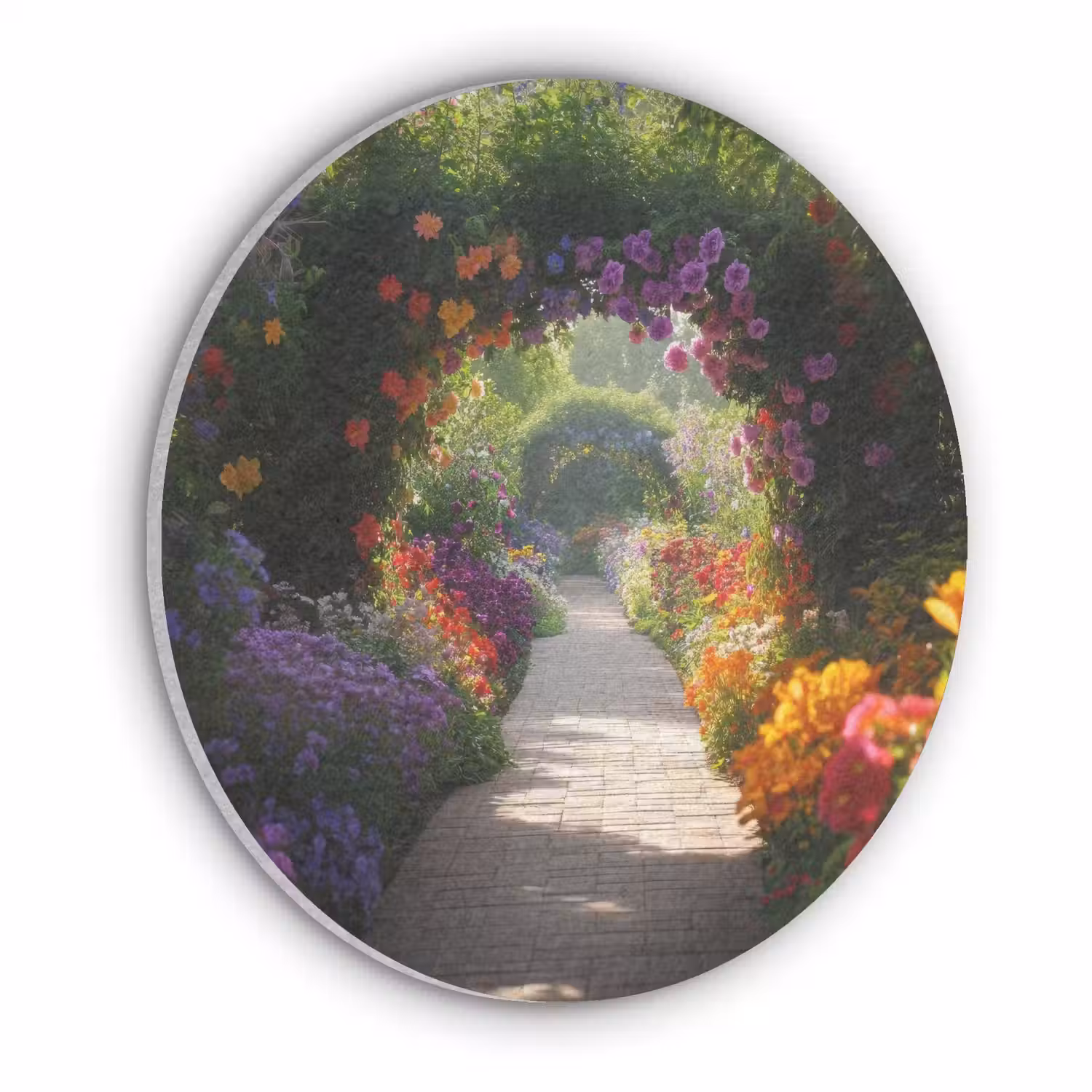 Doorkijk - Pad - Bloemen - Struik - Kleurrijk Akoestische PET Vilt - Rond klein -3d