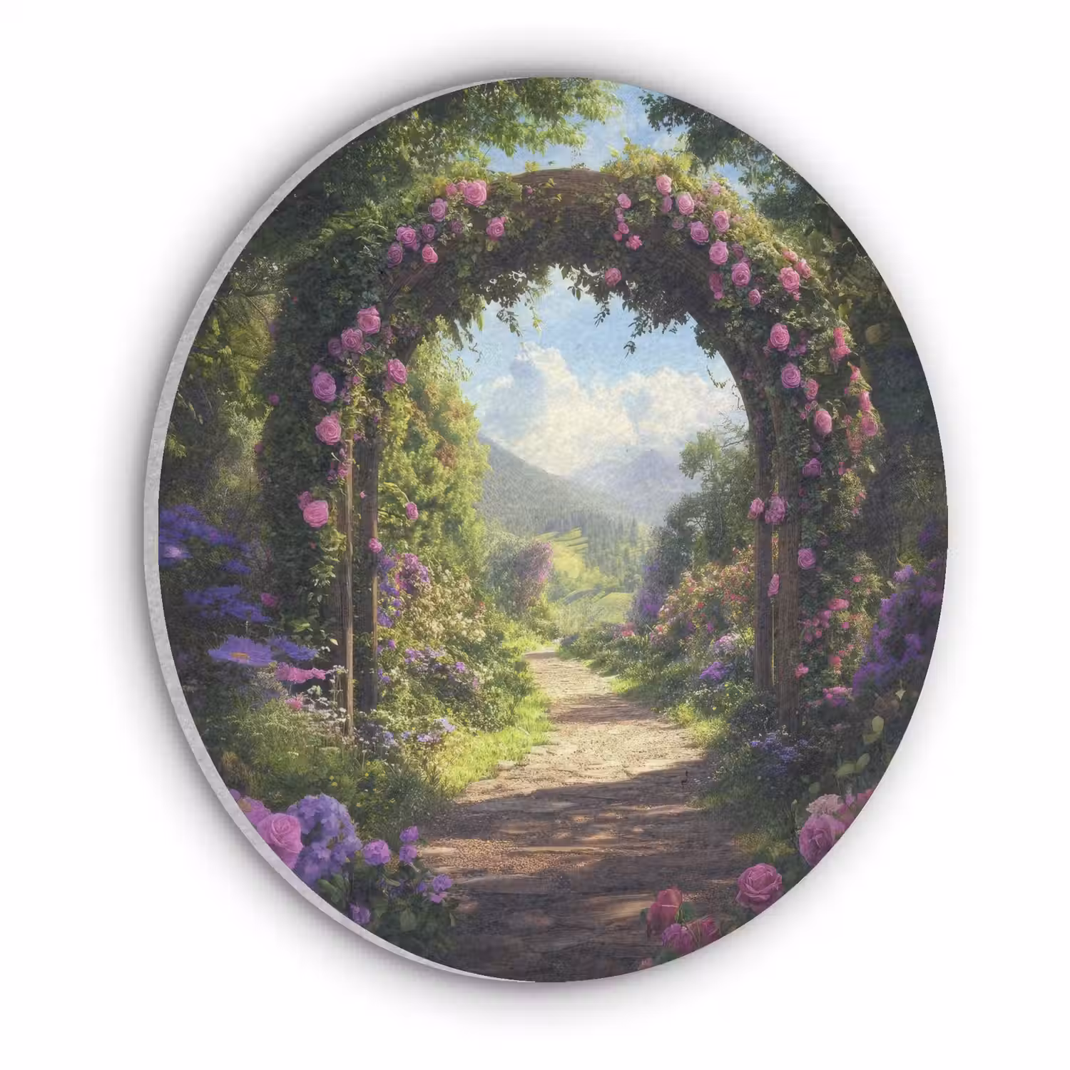 Doorkijk - Rozenboog - Uitzicht - Landschap - Bloemen Akoestische PET Vilt - Rond klein -3d