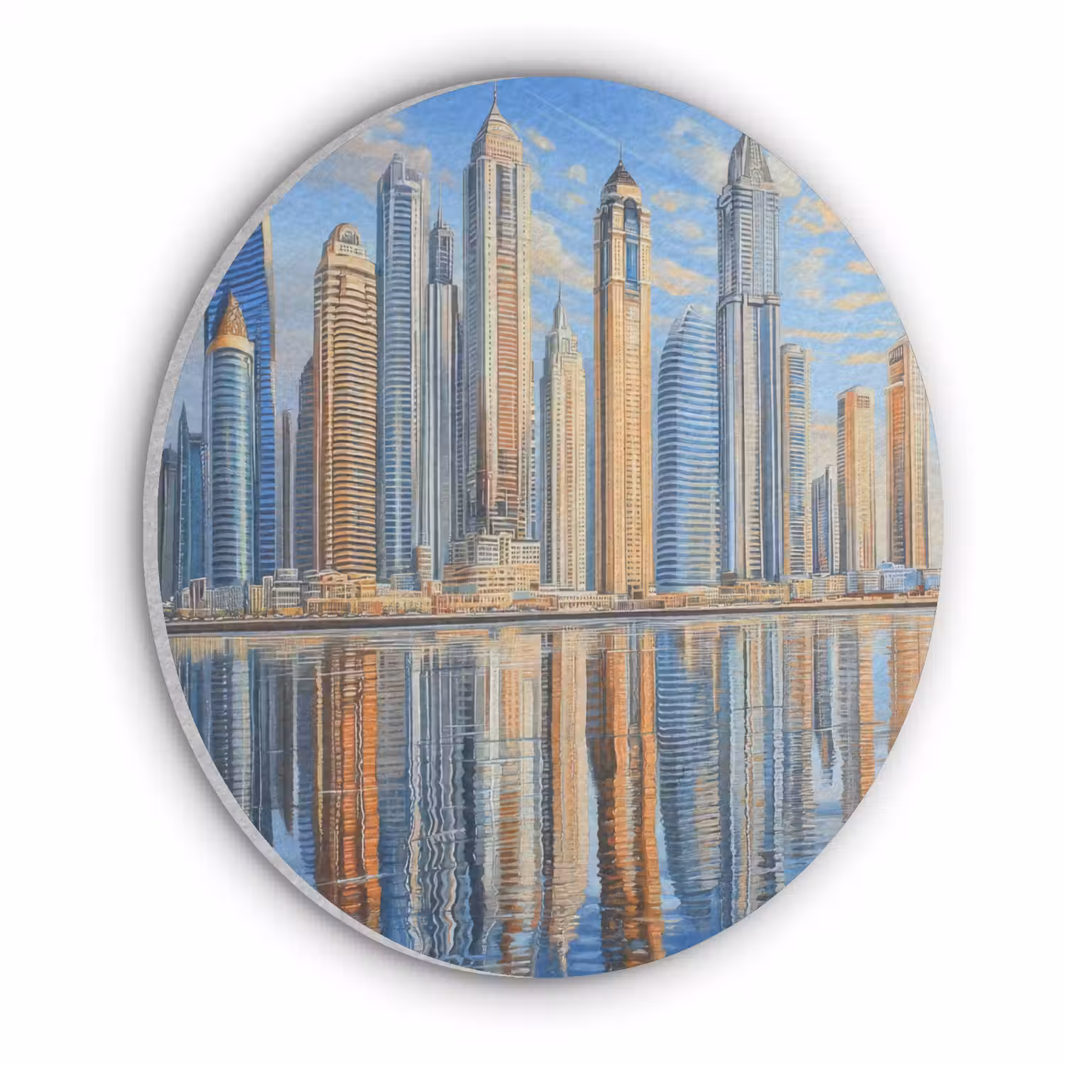 Skyline - Wolkenkrabbers - Water - Blauw Akoestische PET Vilt - Rond klein -3d