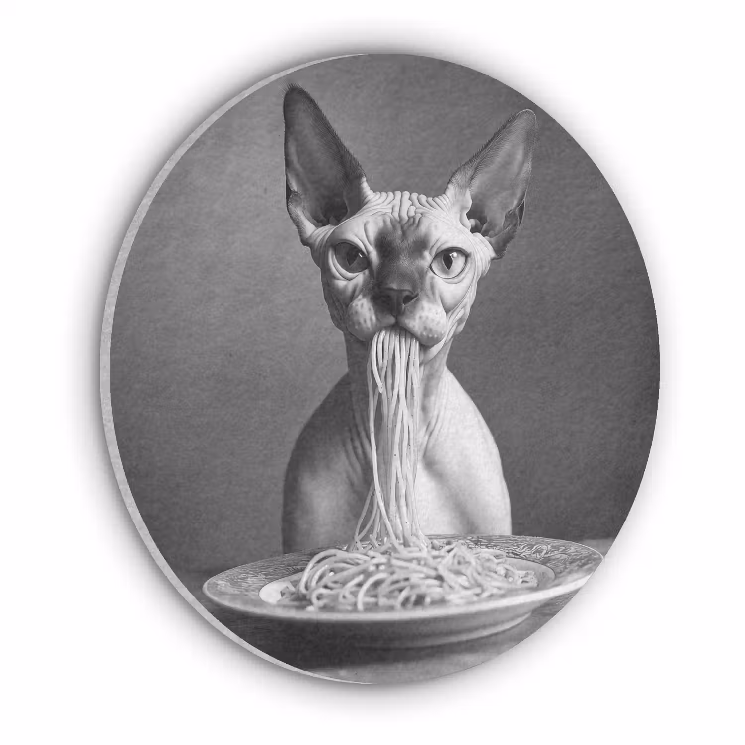 Sphynx - Kat - Dieren - Humor - Spaghetti - Zwart Wit Akoestische PET Vilt - Rond klein -3d