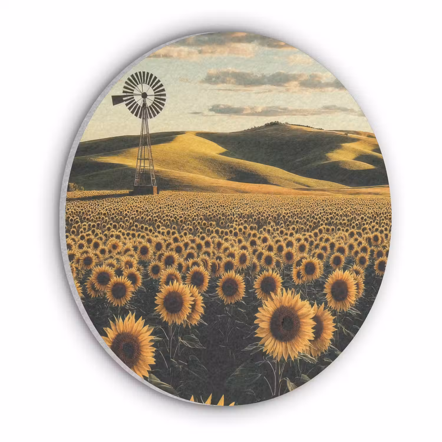 Zonnebloem - Veld - Windmolen Akoestische PET Vilt - Rond klein -3d