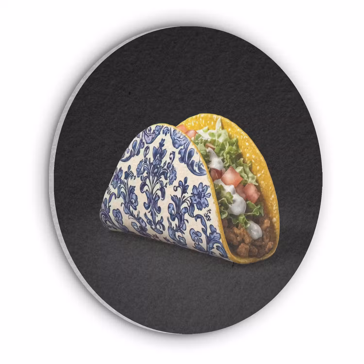 Taco - Vlees - Salade - Delftsblauw - Motief Akoestische PET Vilt - Rond klein -3d