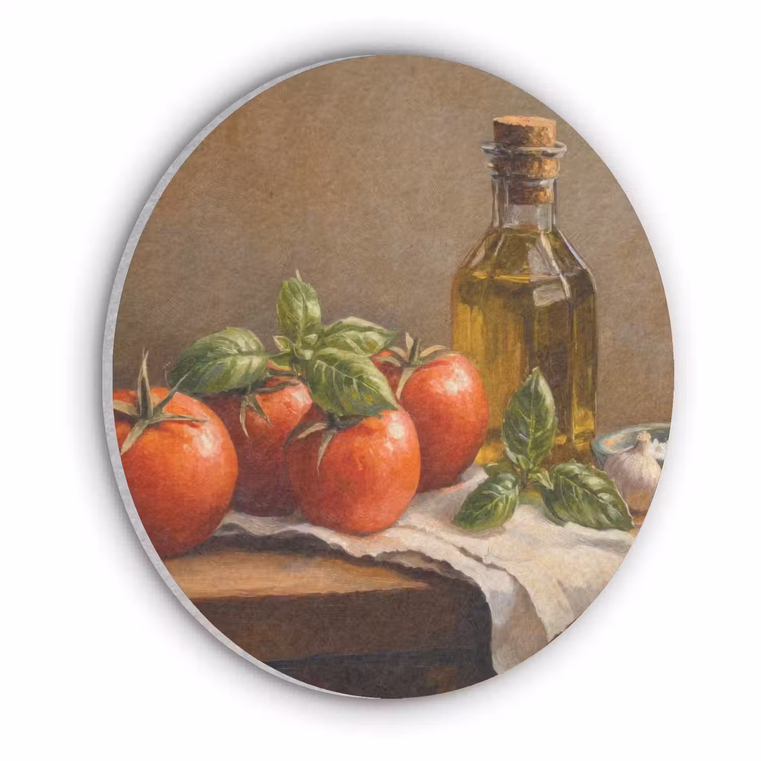 Tomaten - Olijfolie - Stilleven Akoestische PET Vilt - Rond klein -3d