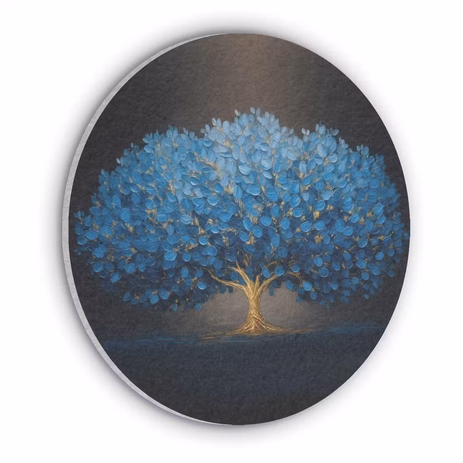 Boom - Blauw - Bladeren - Penseelstreken Akoestische PET Vilt - Rond klein -3d