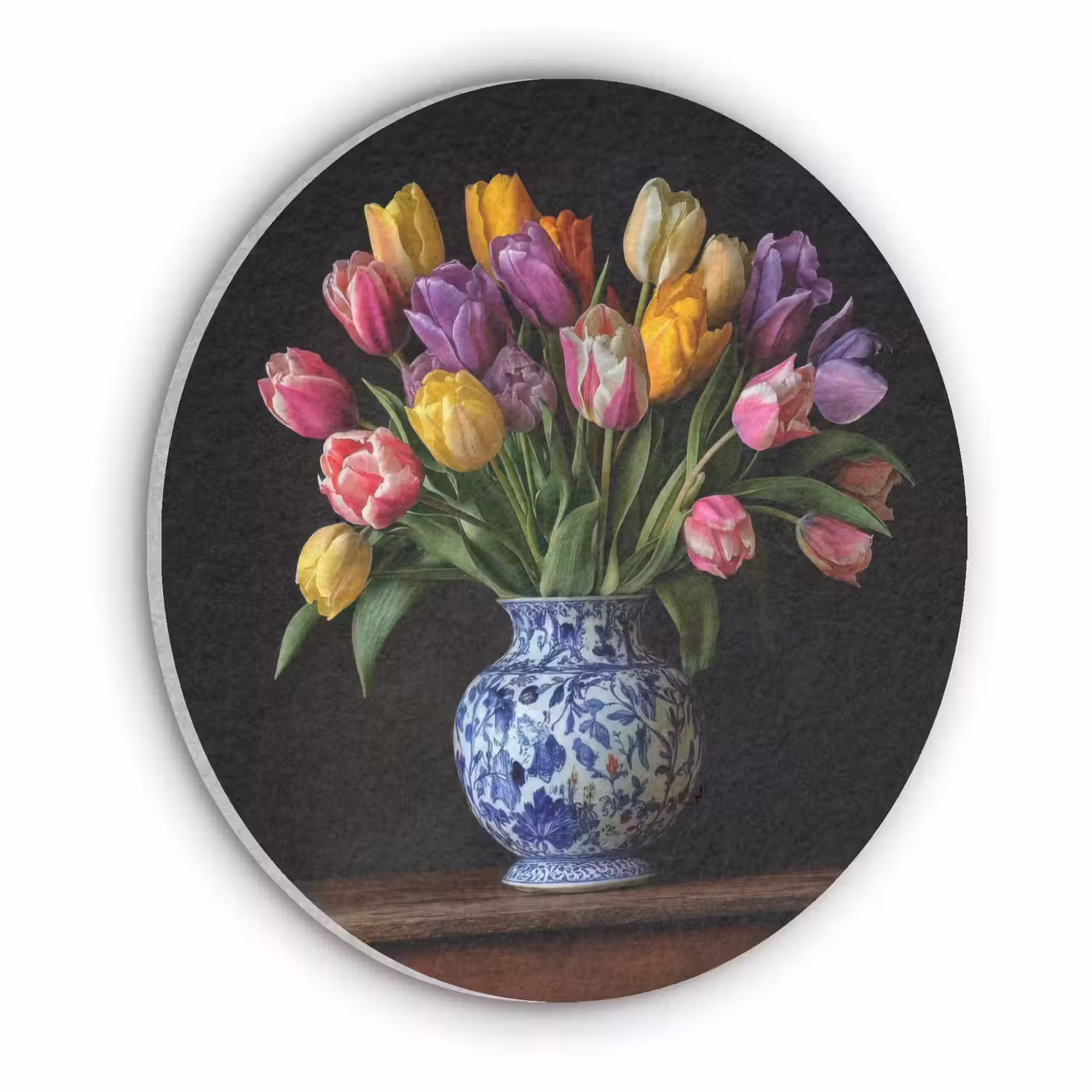 Tulpen - Kleuren - Hout - Vaas Akoestische PET Vilt - Rond klein -3d