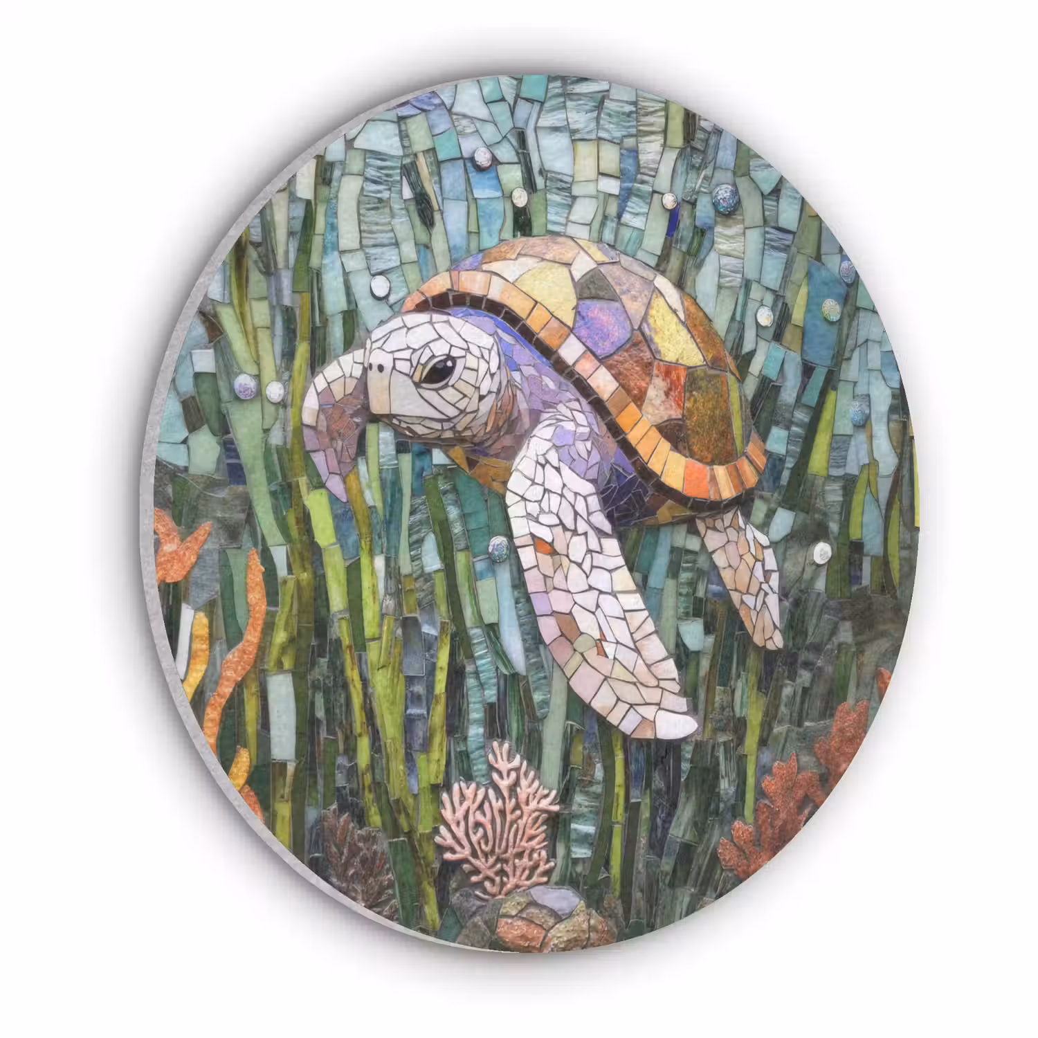 Schildpad - Zeewier - Mozaïek Akoestische PET Vilt - Rond klein -3d