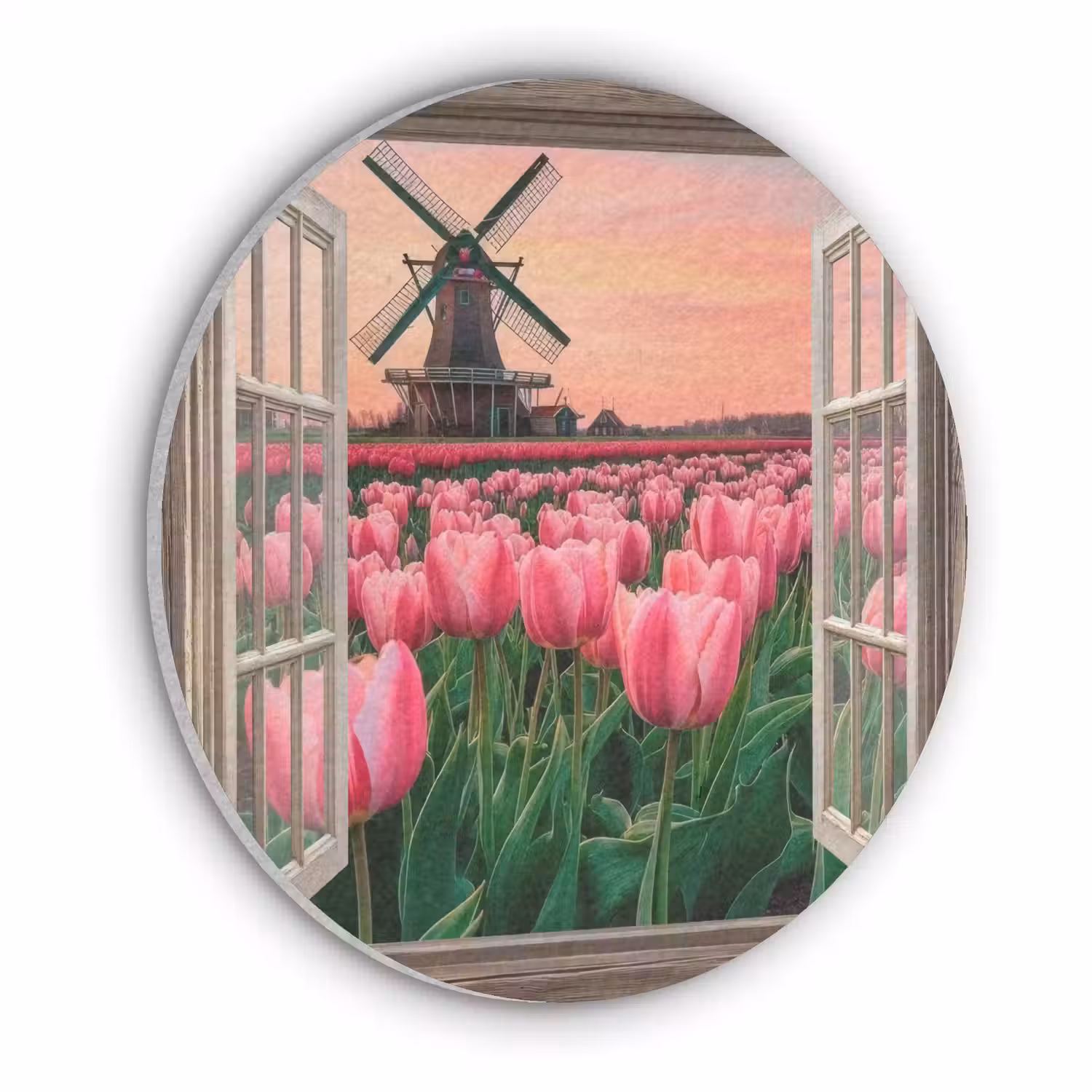 Doorkijk - Tulpen - Bloemen - Molen - Raam Akoestische PET Vilt - Rond klein -3d