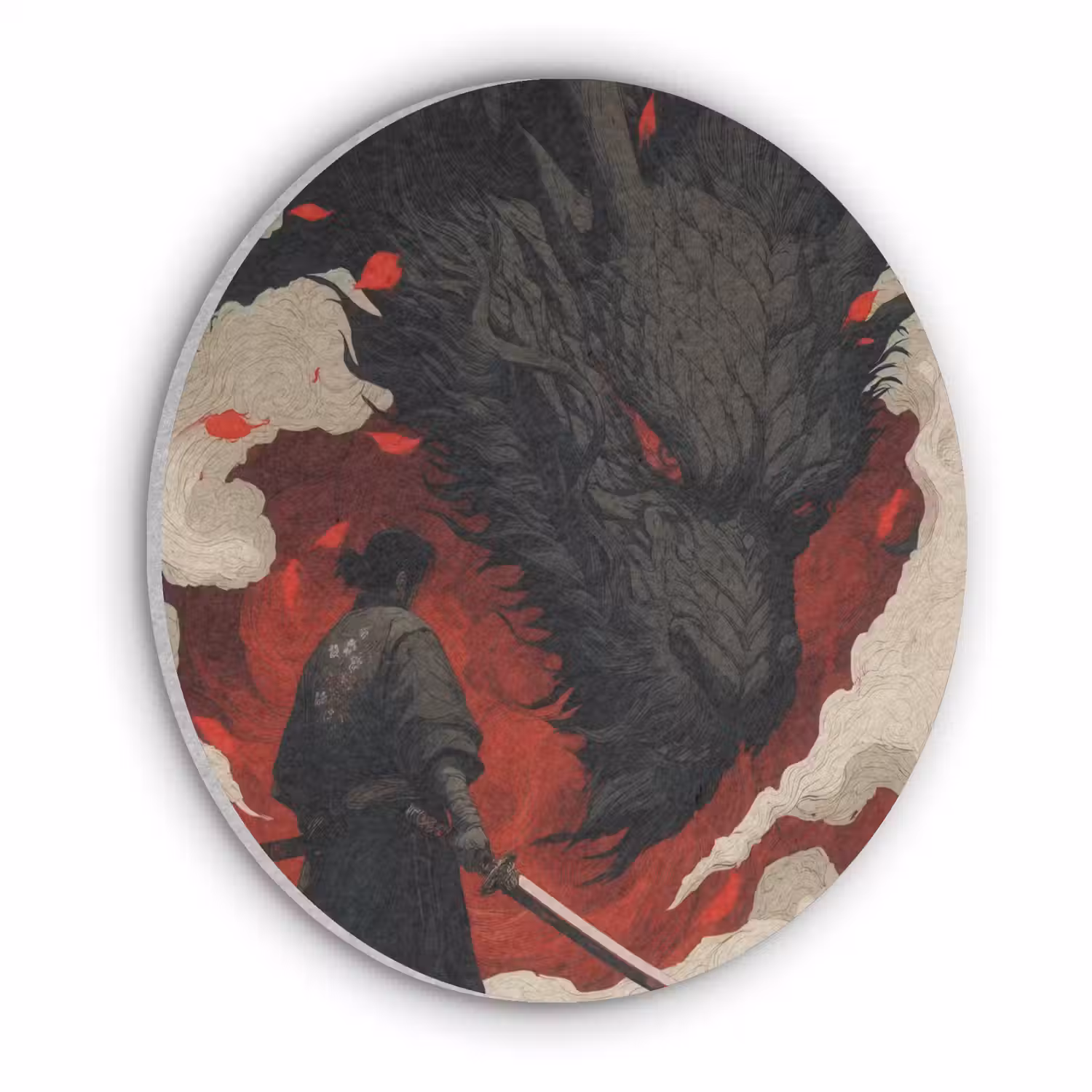 Krijger - Draak - Zwart - Rood - Rook Akoestische PET Vilt - Rond klein -3d