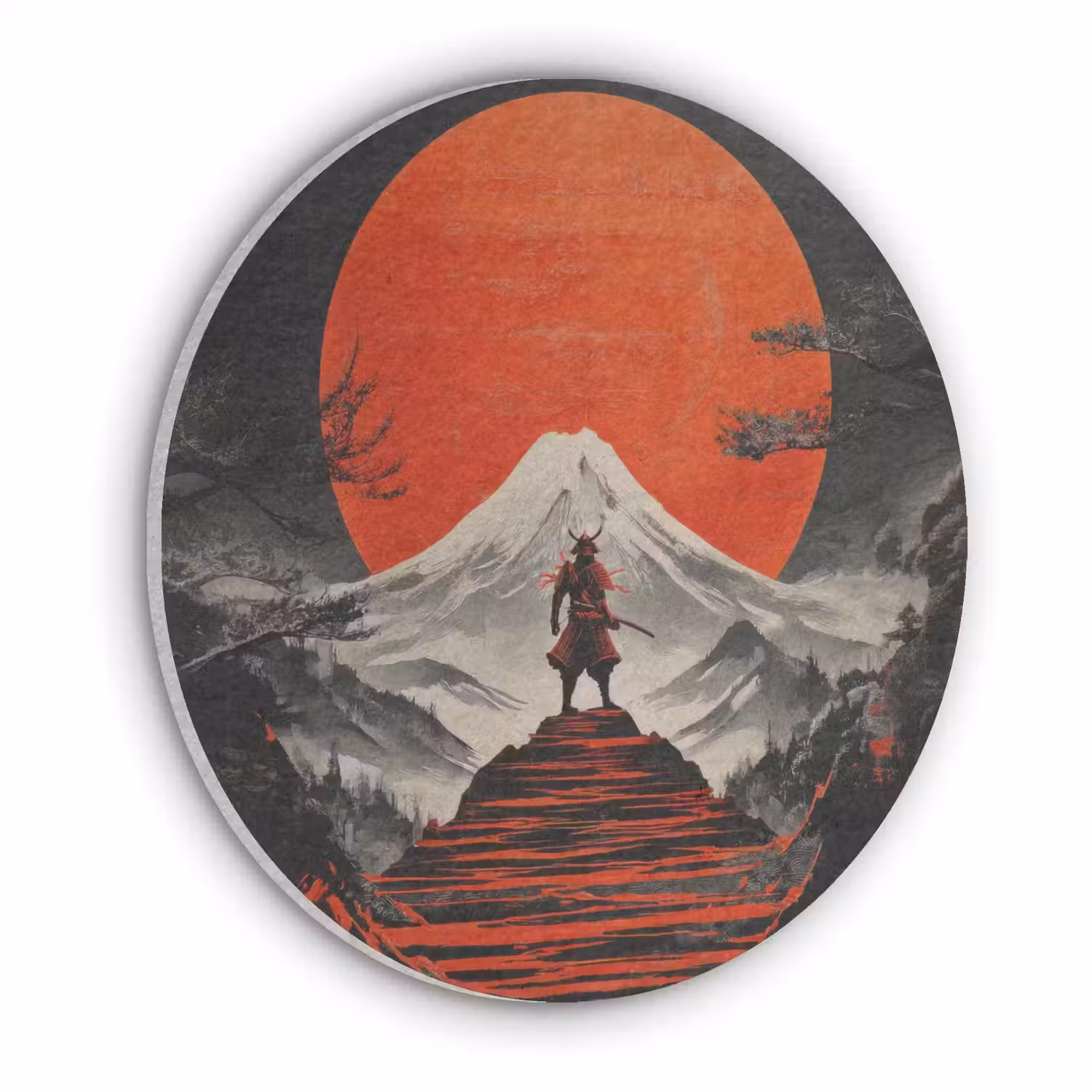 Krijger - Rode trappen - Zon - Berg Akoestische PET Vilt - Rond klein -3d