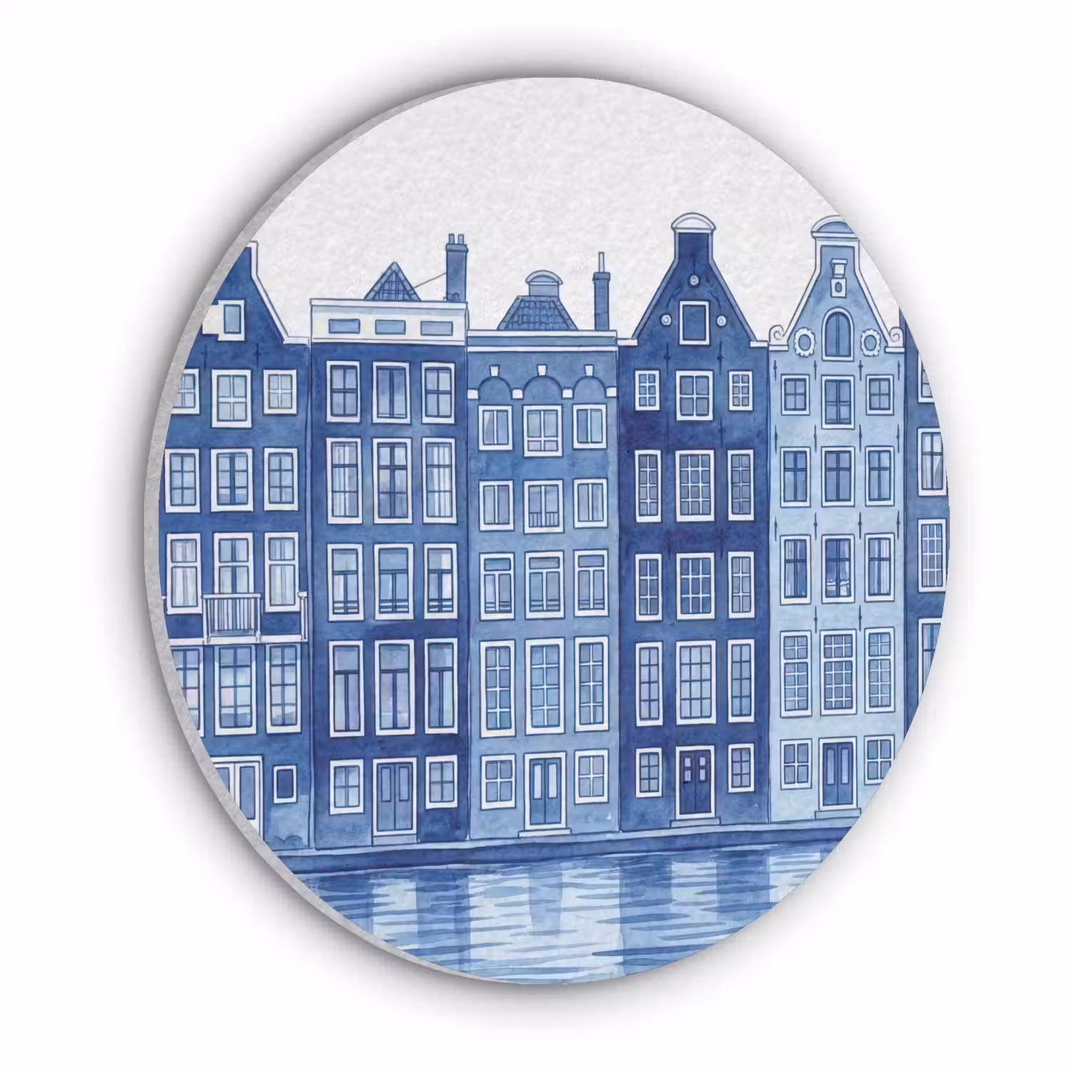 Aquarel - Grachtenpanden - Delfts - Blauw Akoestische PET Vilt - Rond klein -3d