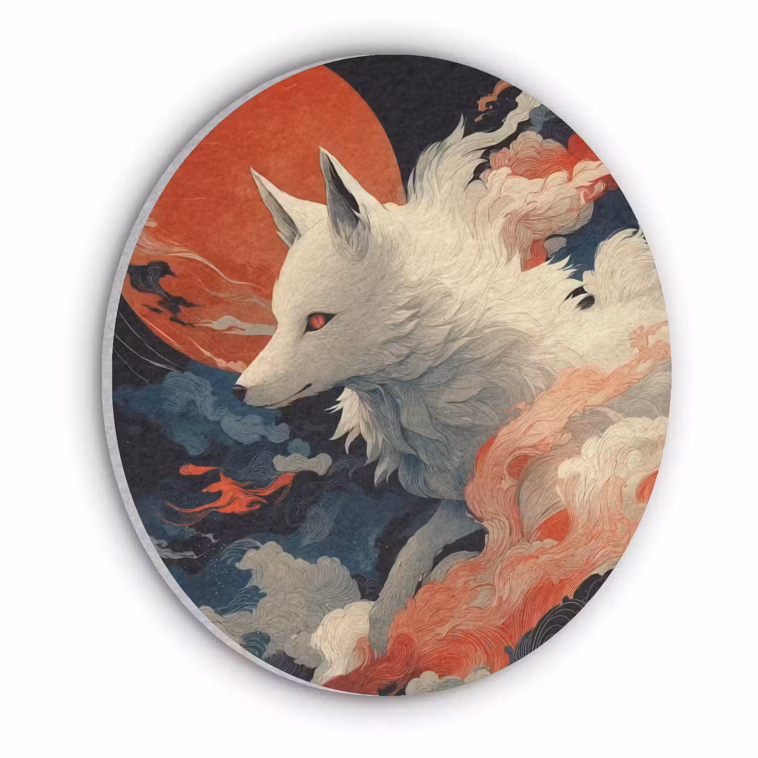 Witte vos - wolken - maan Akoestische PET Vilt - Rond klein -3d