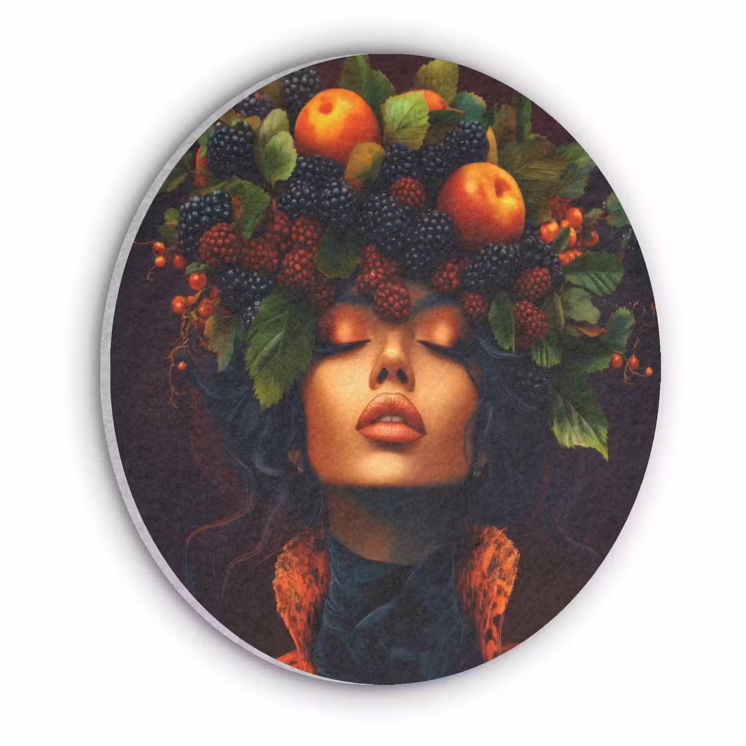 Vrouw - Zwart - Bessen - Bramen - Appels Akoestische PET Vilt - Rond klein -3d