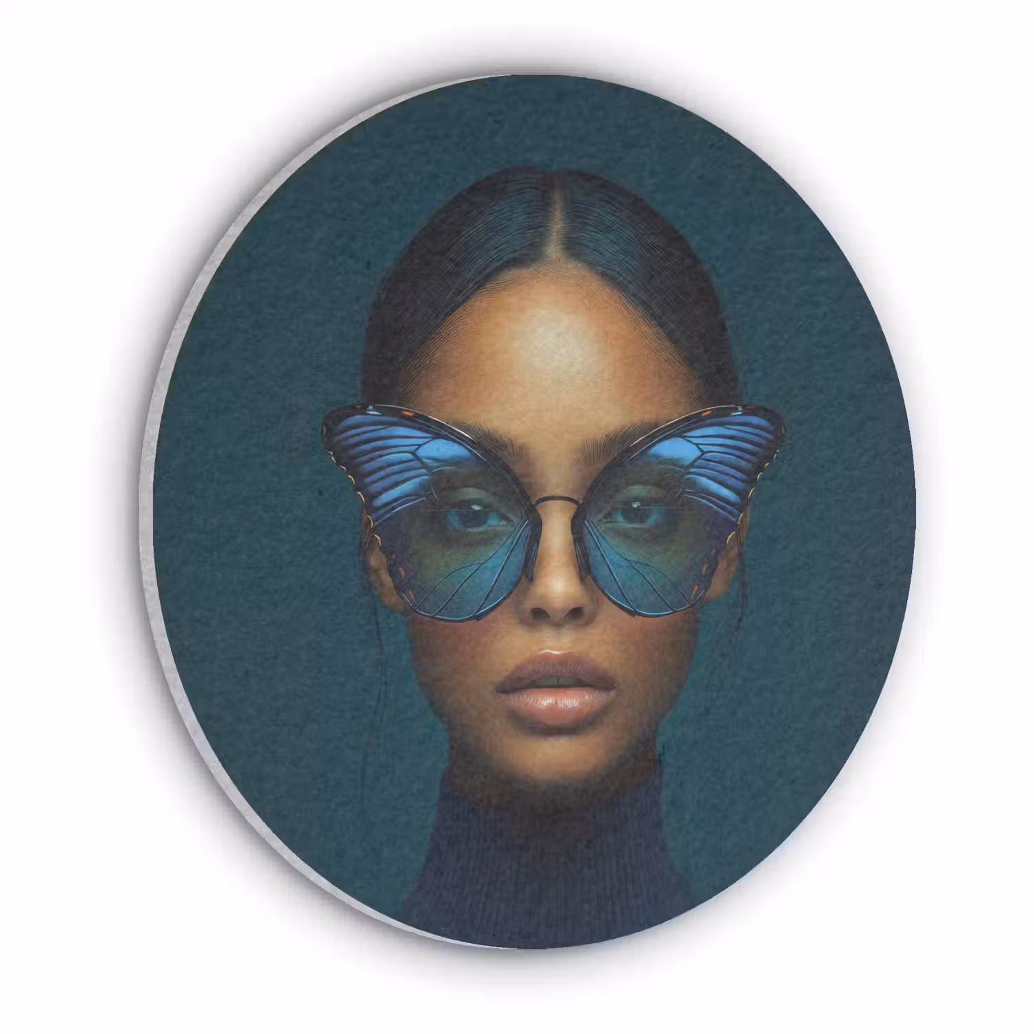 Vrouw - Vlinder - Bril - Blauw - Modern - Portret Akoestische PET Vilt - Rond klein -3d