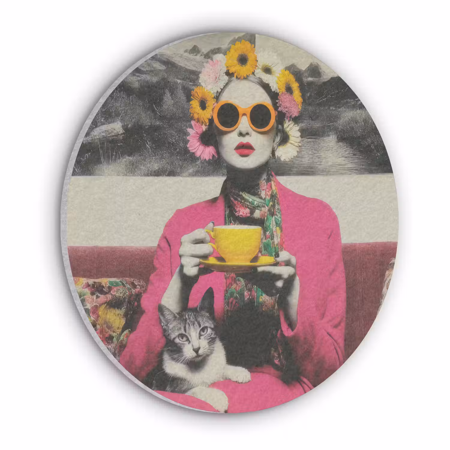 Vrouw - Kat - Bloemen - Kopje - Retro Akoestische PET Vilt - Rond klein -3d