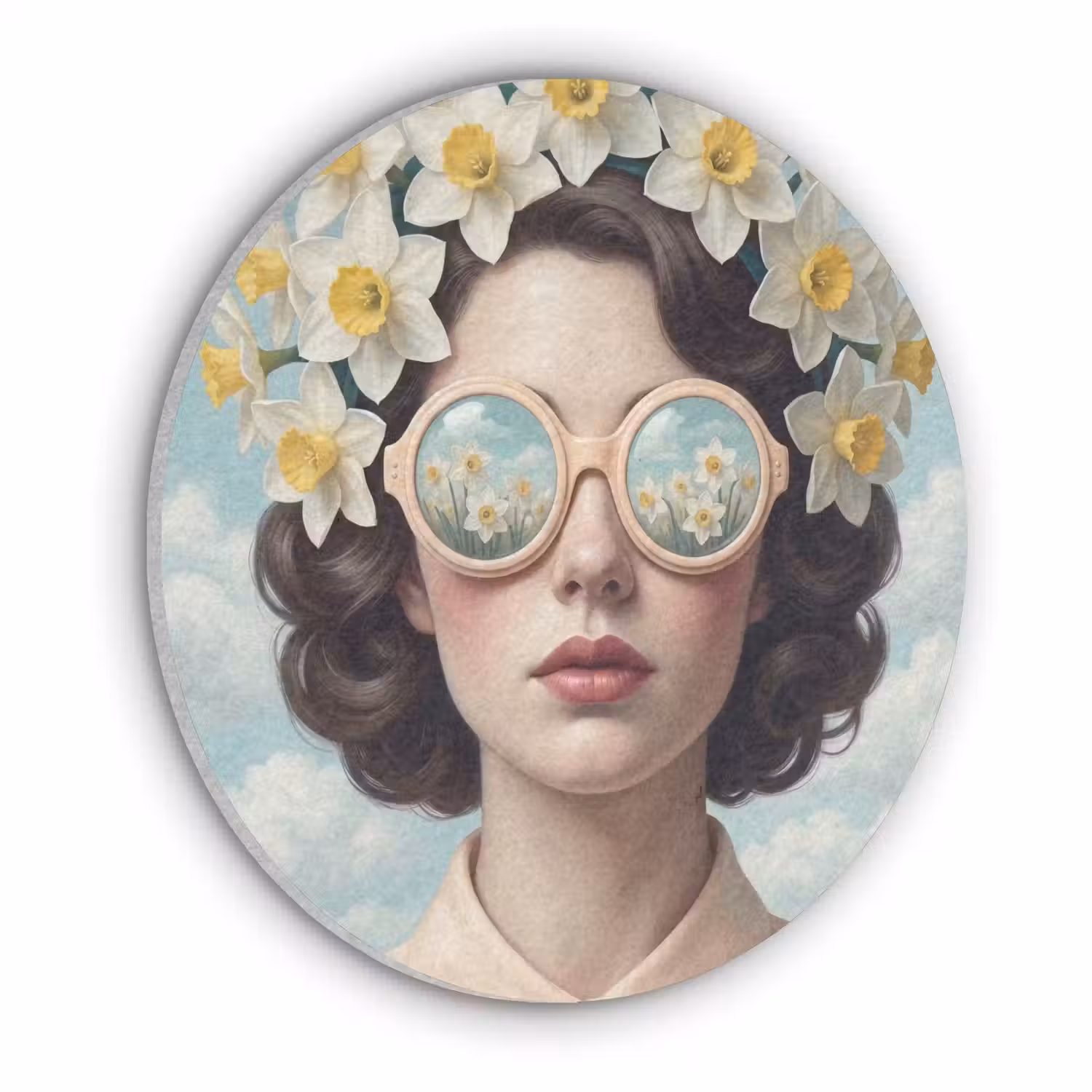 Vrouw - Narcissen - Geel Akoestische PET Vilt - Rond klein -3d