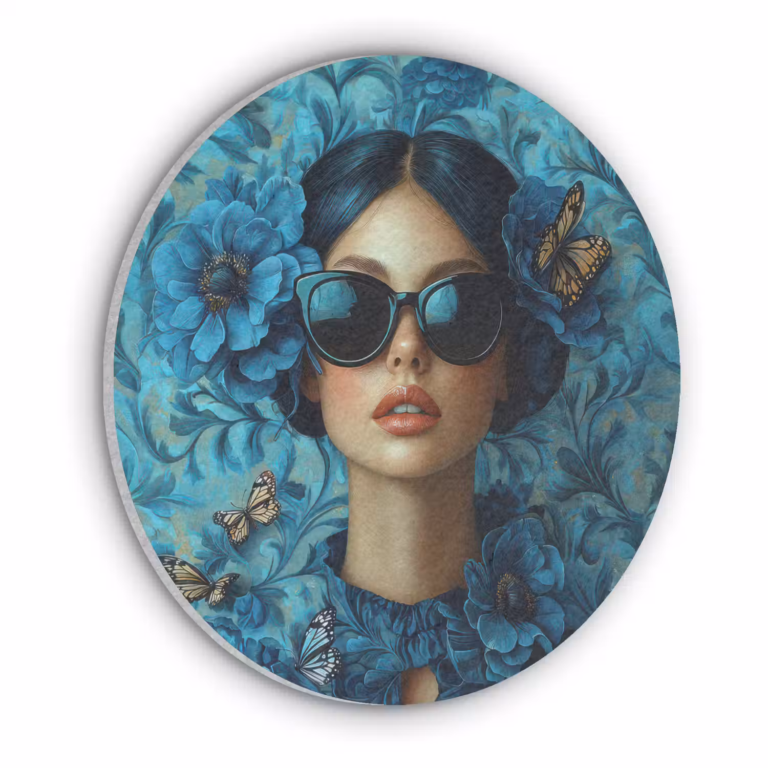 Vrouw - Bloemen - Vlinders - Blauw - Abstract Akoestische PET Vilt - Rond klein -3d