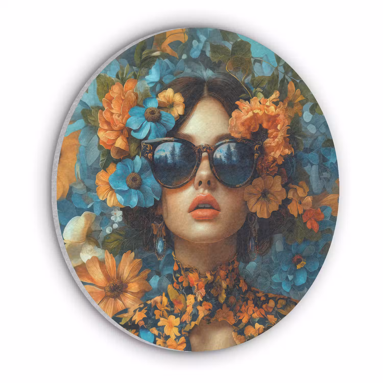 Vrouw - Bloemen - Oranje - Blauw - Modern Akoestische PET Vilt - Rond klein -3d