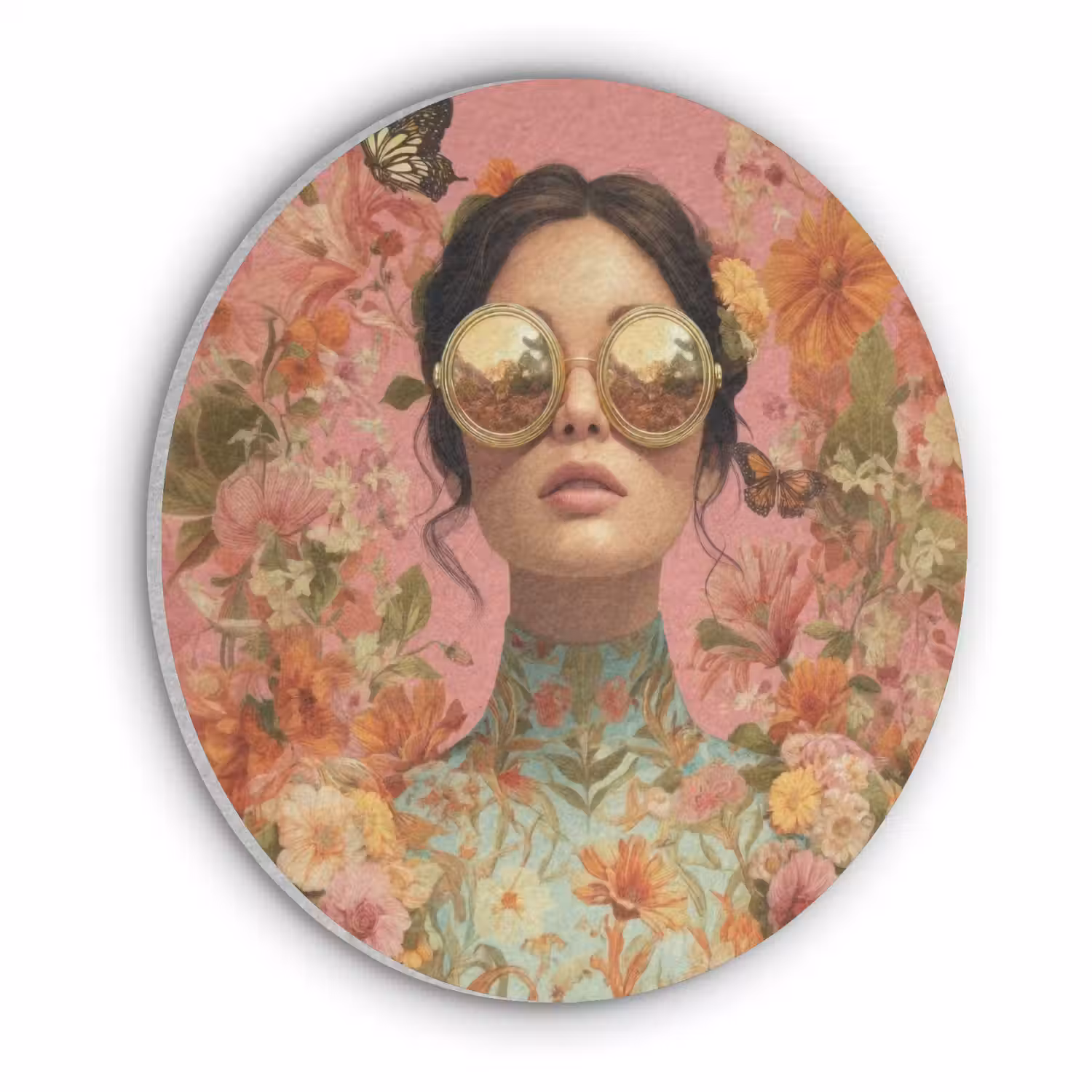 Vrouw - Bril - Roze - Bloemen Akoestische PET Vilt - Rond klein -3d