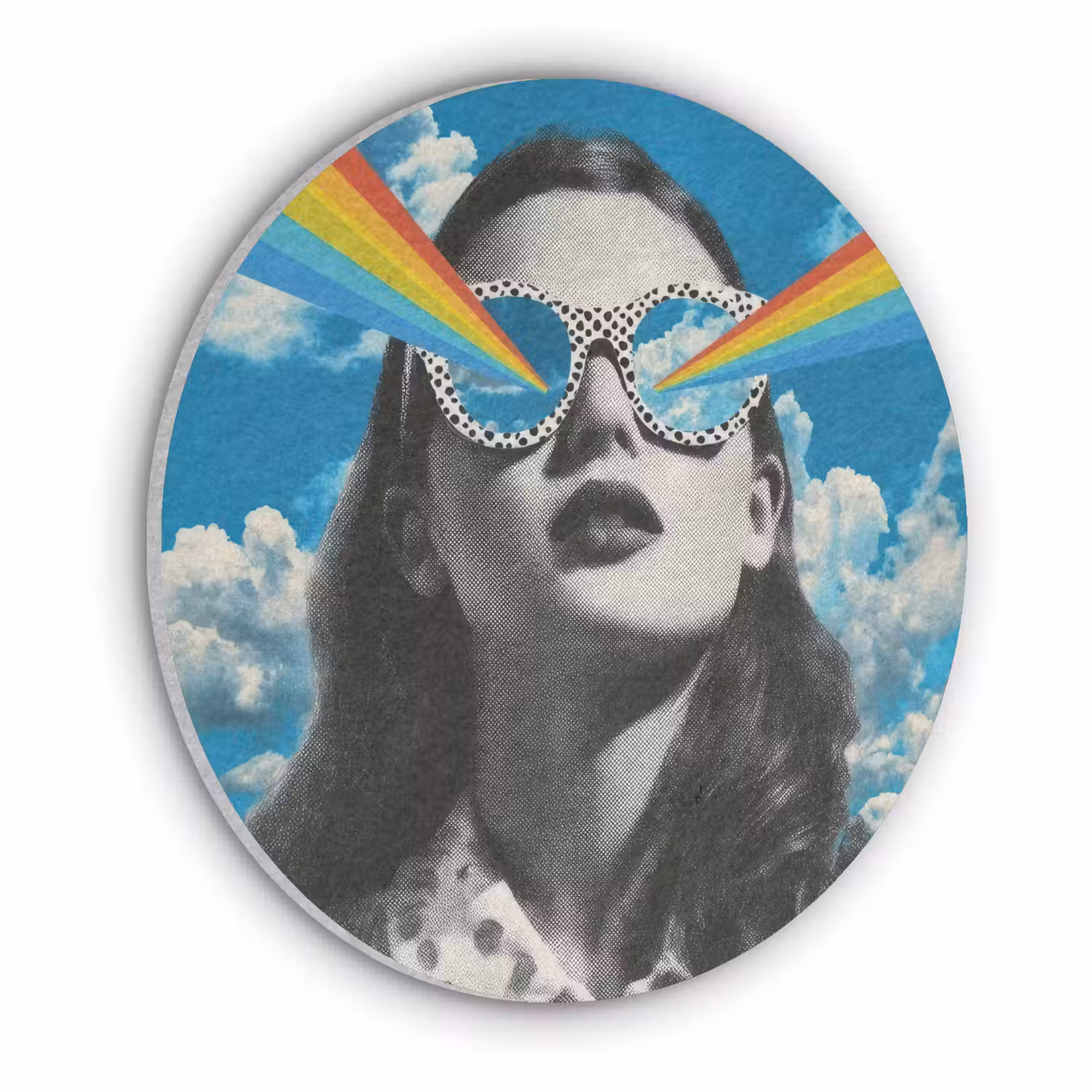 Vrouw - Bril - Regenboog - Wolken Akoestische PET Vilt - Rond klein -3d
