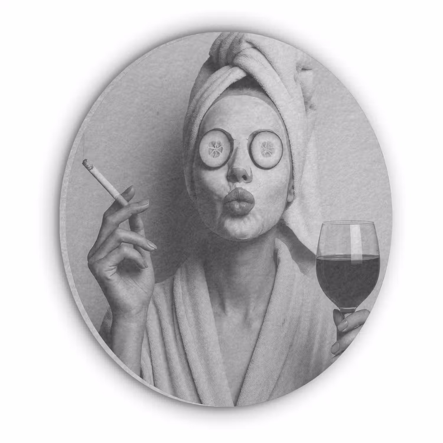 Vrouw - Masker - Wijn - Sigaret Akoestische PET Vilt - Rond klein -3d