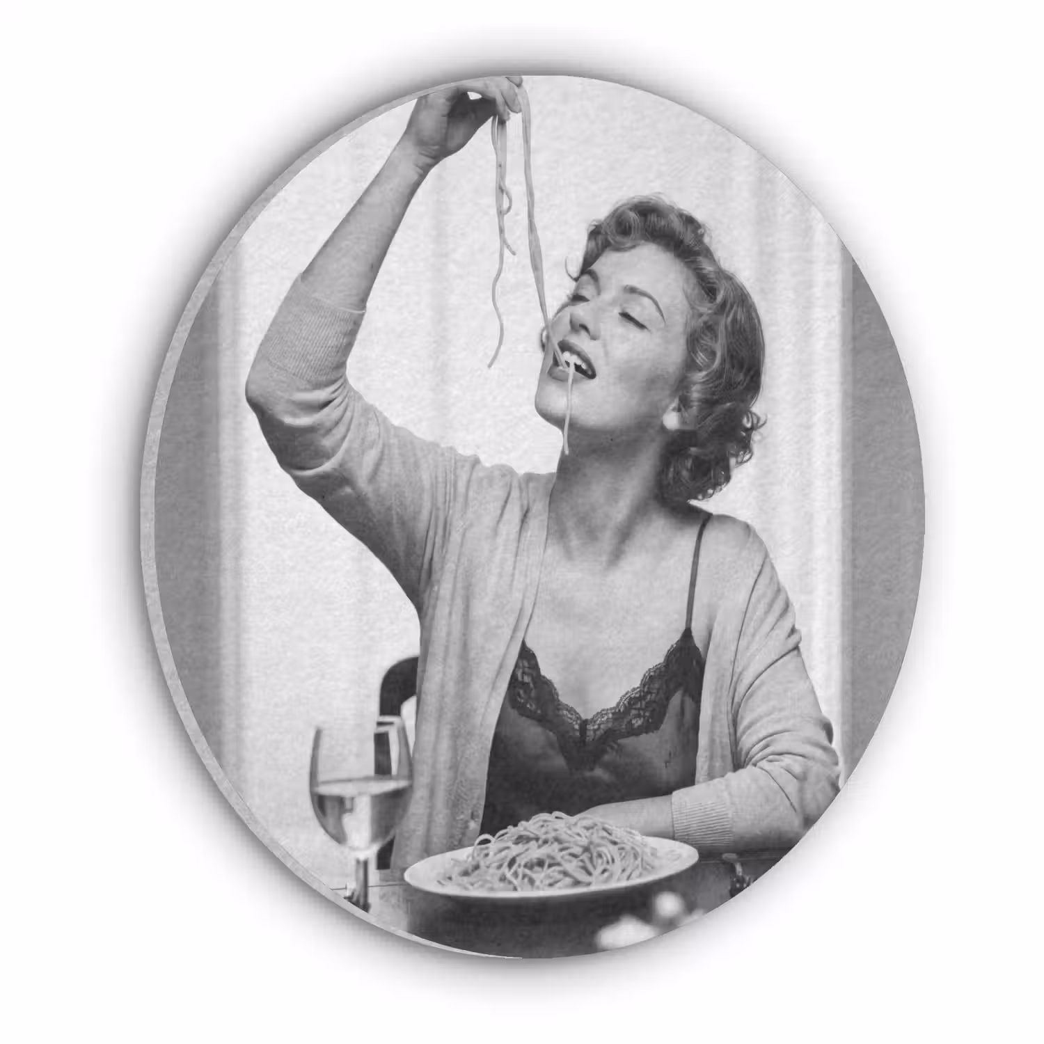Vrouw - Spaghetti - Zwart - Wit Akoestische PET Vilt - Rond klein -3d