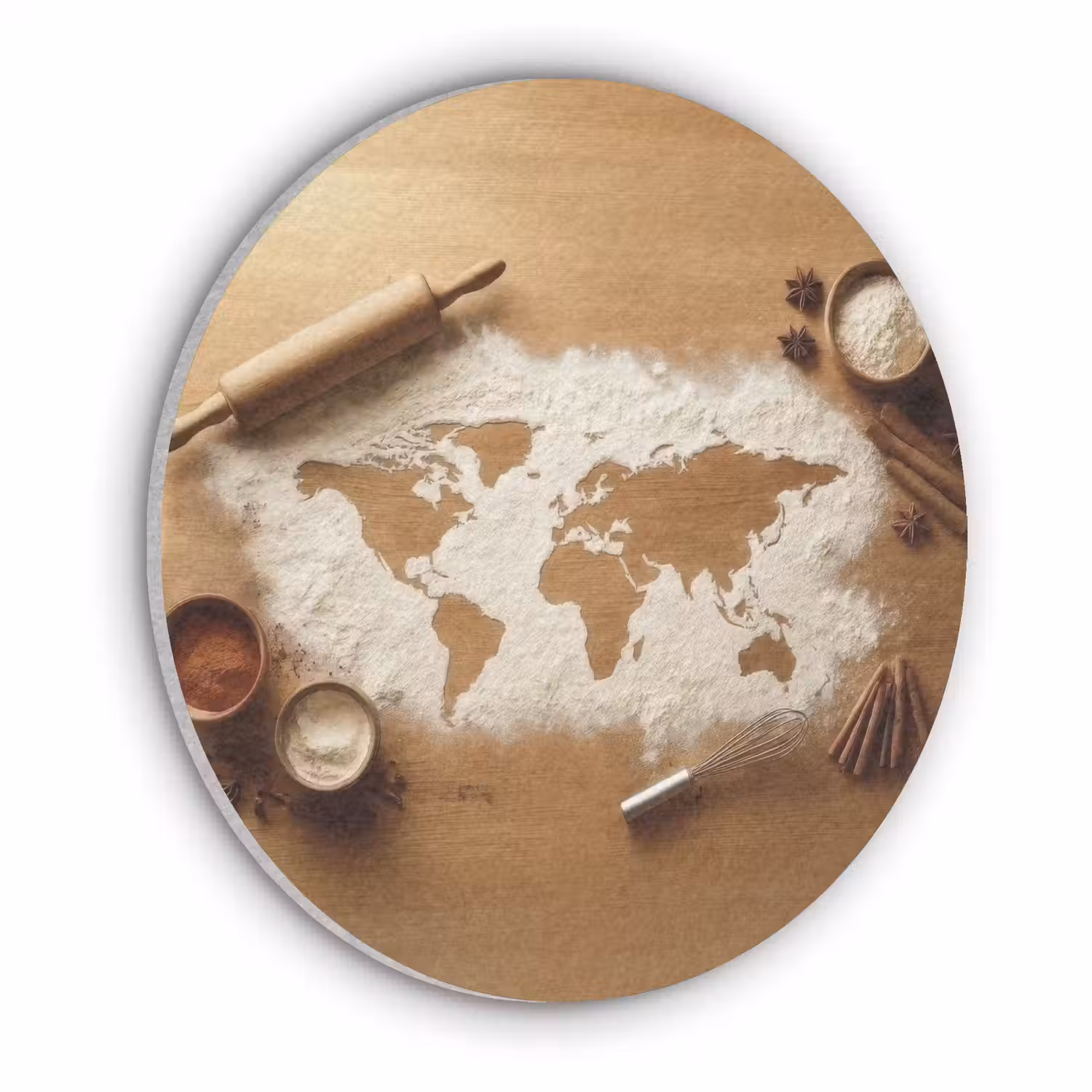 Hout - Wereldkaart - Bakken - Keuken Akoestische PET Vilt - Rond klein -3d