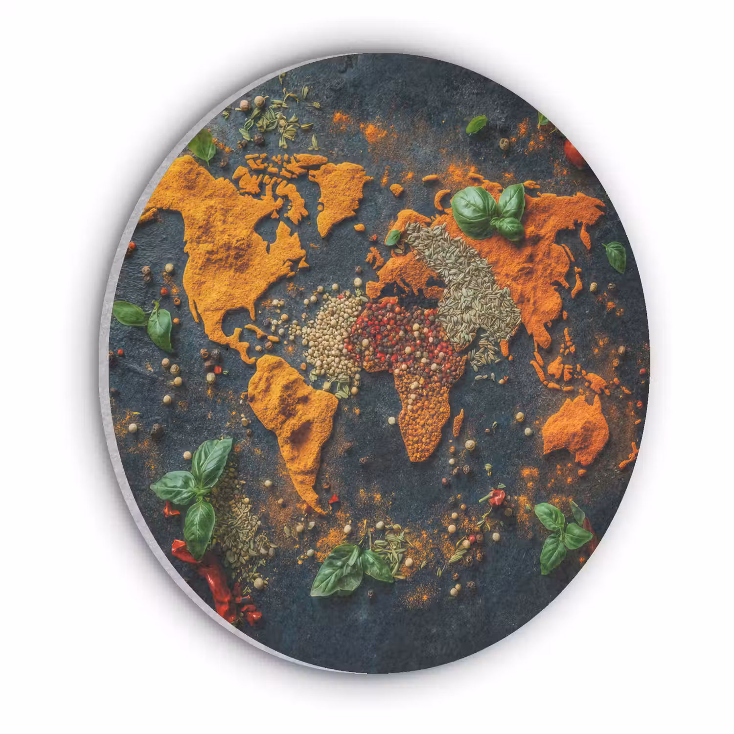 Wereldkaart - Kruiden - Levendige kleuren Akoestische PET Vilt - Rond klein -3d