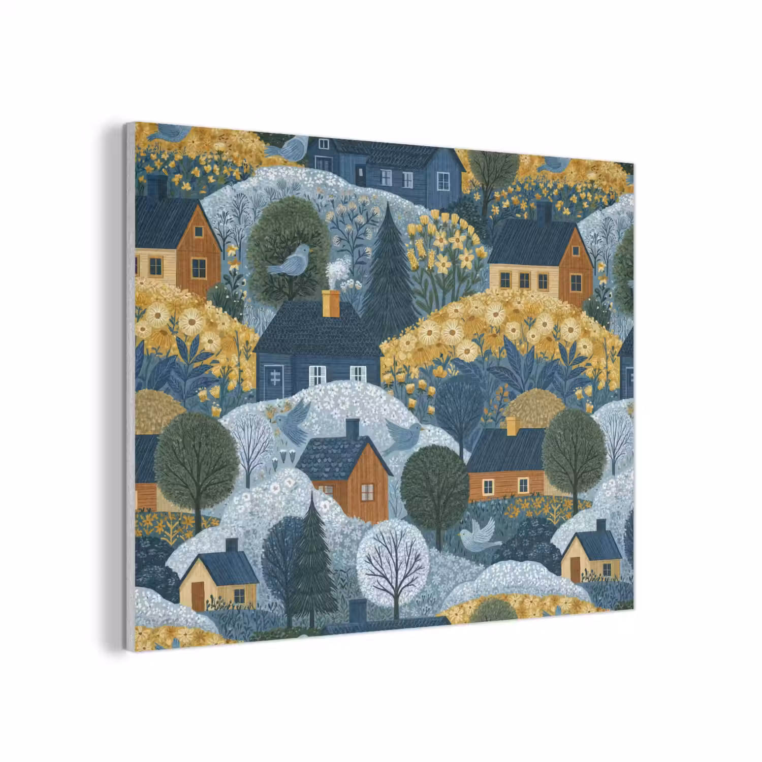 Huisjes - Bloemen - Patroon - Geel - Blauw PET vilt klein 837 -3d