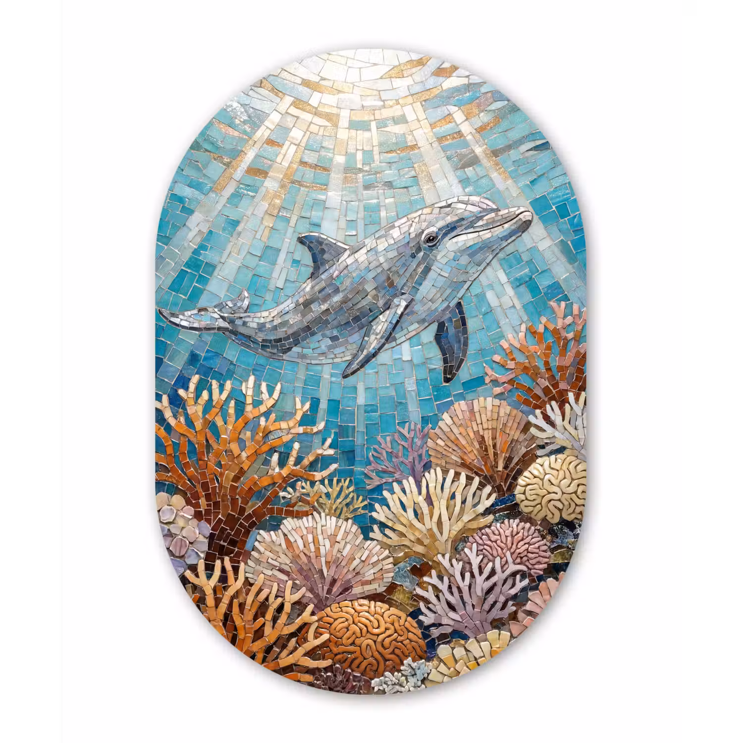 Dieren - Mozaïek - Oceaan - Koraal - Blauw Wandcirkel Ovaal Aluminium middel -3d