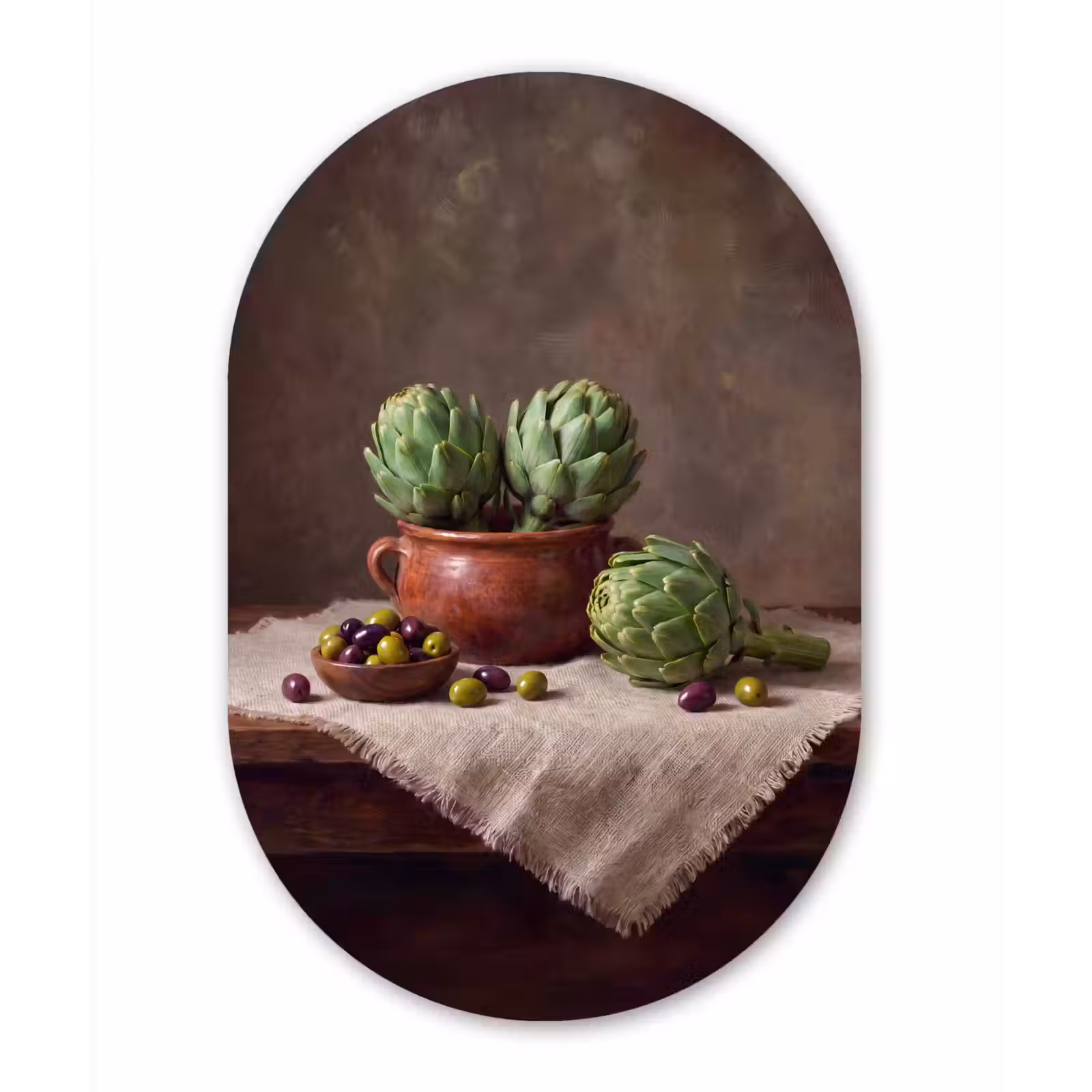 aluminium oval wall art - Artichokes - Olives - Food - Artisjokken - Olijven - Eten Wandcirkel Ovaal Aluminium middel