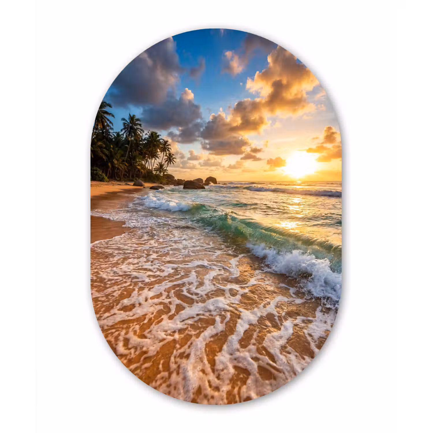 Strand - Zonsondergang - Golven - Natuur - Goud Wandcirkel Ovaal Aluminium middel -3d