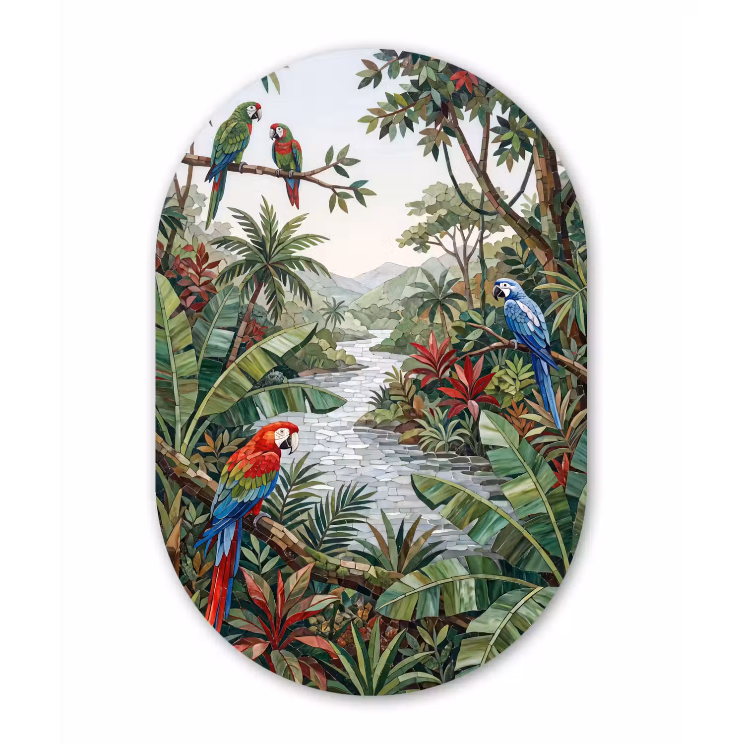 Vogel - Jungle - Natuur - Mozaïek - Groen Wandcirkel Ovaal Aluminium middel -3d