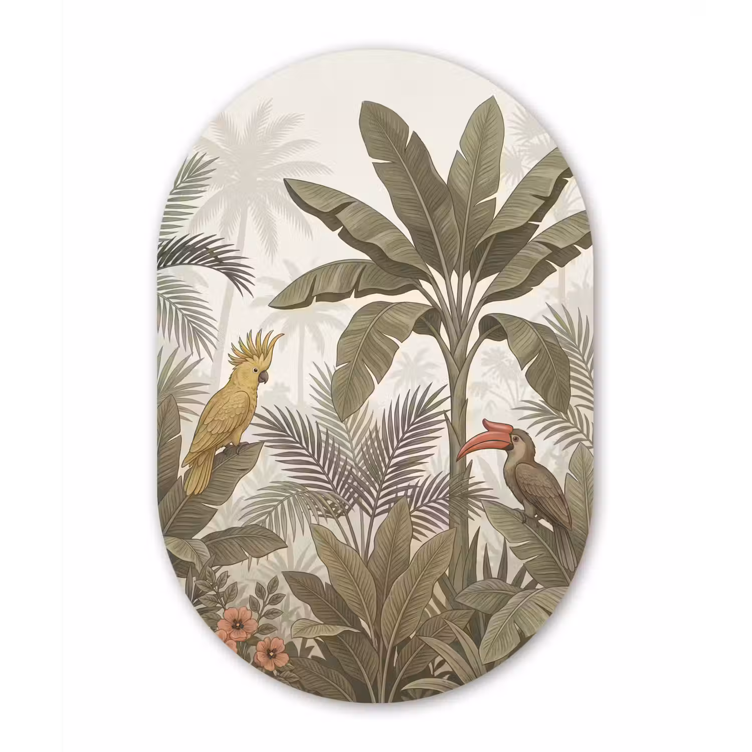 Vogel - Jungle - Tropisch - Illustratie - Groen Wandcirkel Ovaal Aluminium middel -3d