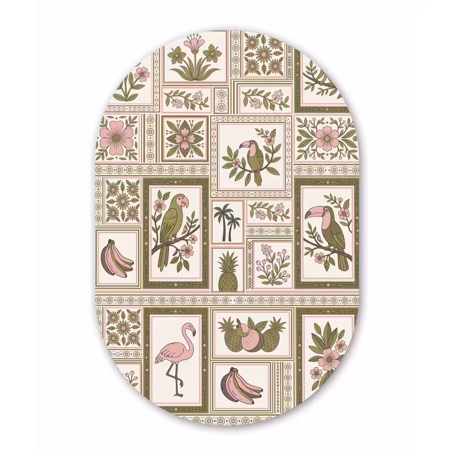 Vogel - Tropisch - Patroon - Decoratief - Groen Wandcirkel Ovaal Aluminium middel -3d