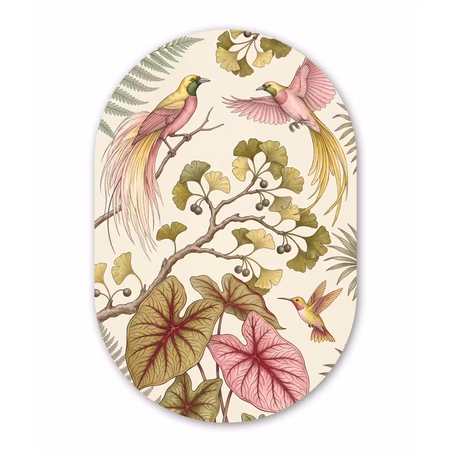 Vogels - Tropisch - Botanisch - Roze Wandcirkel Ovaal Aluminium middel -3d