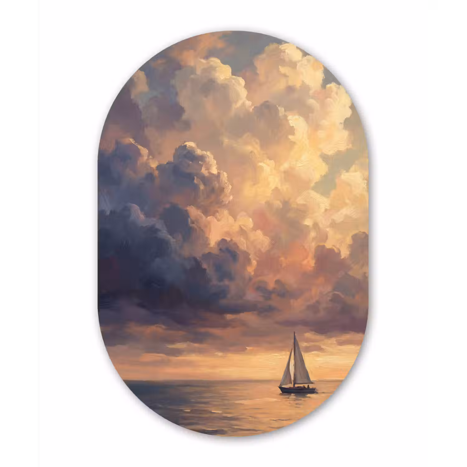 Boot - Zonsondergang - Zee - Natuur - Goud Wandcirkel Ovaal Aluminium middel -3d
